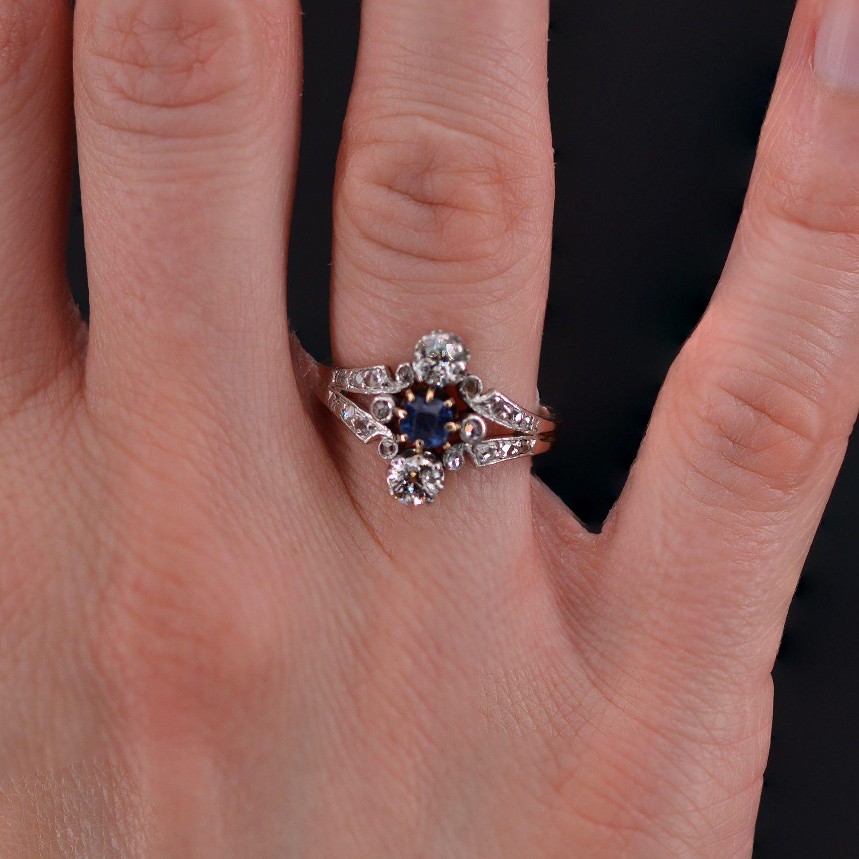 Napoleon III French 19th Century Sapphire Diamonds 18 Karat Rose Gold Ring For Sale