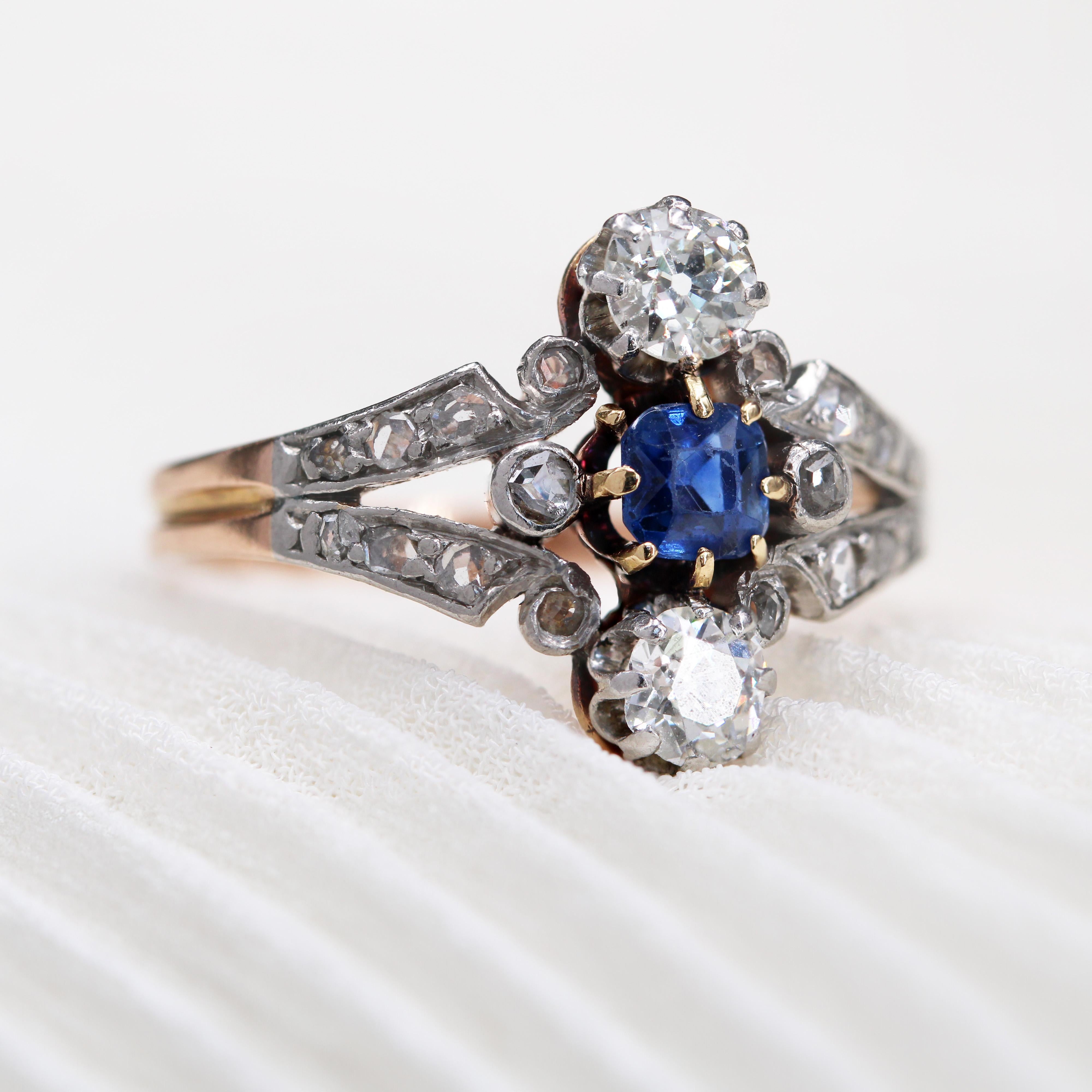 Franzsischer Saphir-Diamant-Ring aus 18 Karat Rosgold aus dem 19. Jahrhundert im Zustand „Gut“ im Angebot in Poitiers, FR