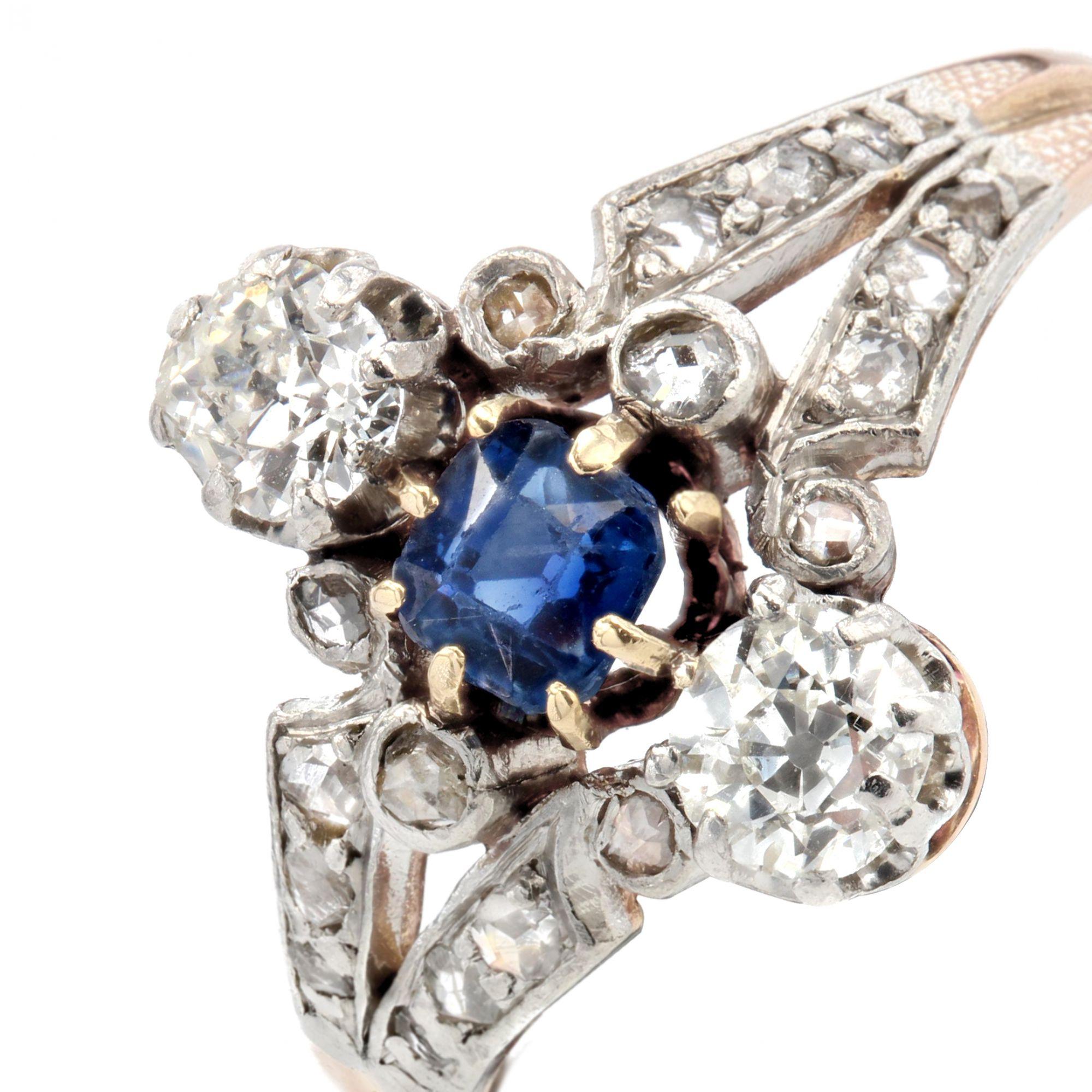 French 19th Century Sapphire Diamonds 18 Karat Rose Gold Ring For Sale 1
