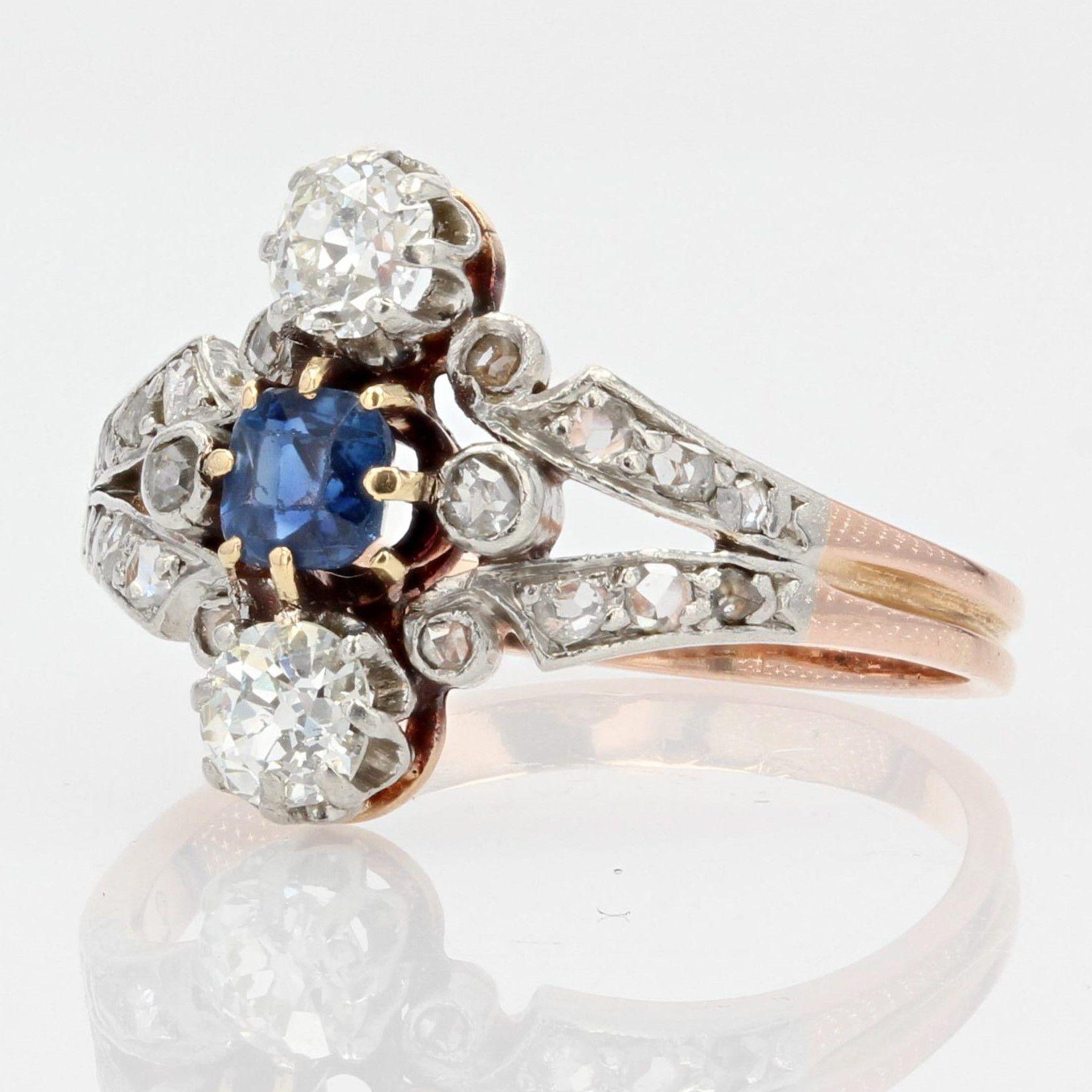 Women's French 19th Century Sapphire Diamonds 18 Karat Rose Gold Ring For Sale