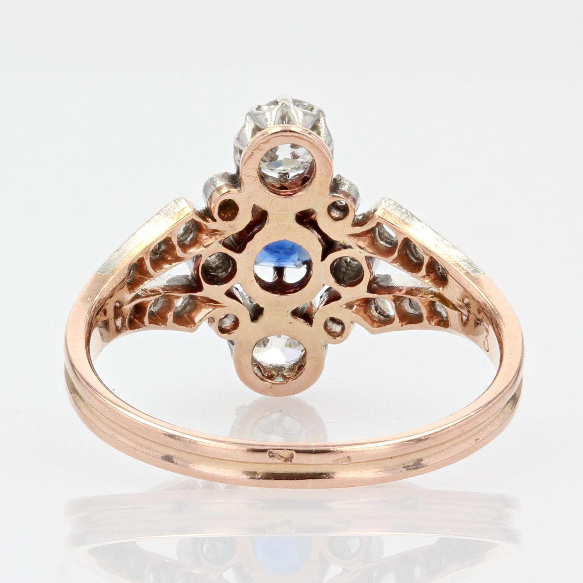 French 19th Century Sapphire Diamonds 18 Karat Rose Gold Ring For Sale 7