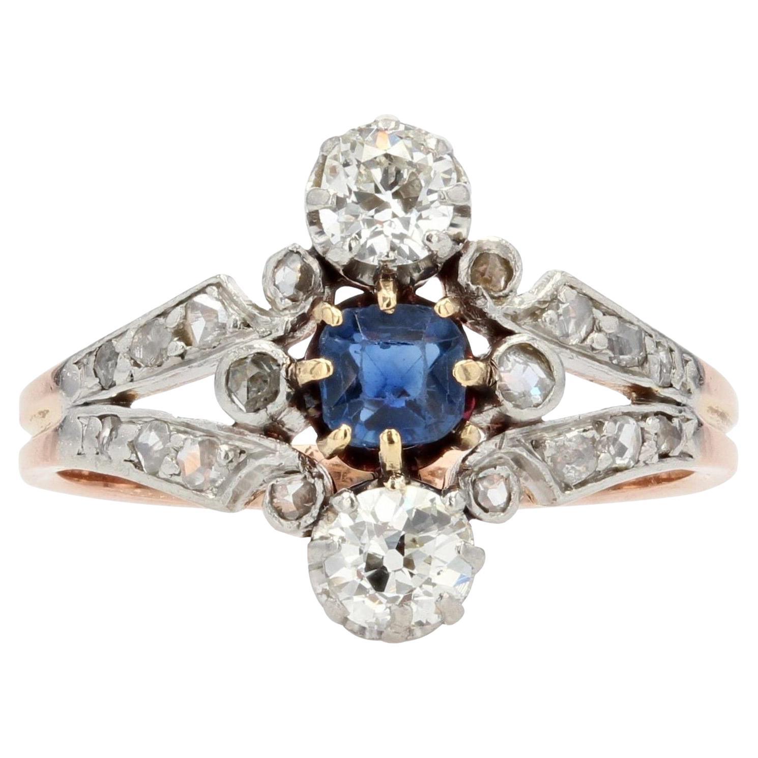 French 19th Century Sapphire Diamonds 18 Karat Rose Gold Ring