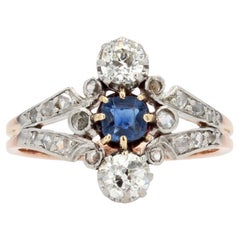 French 19th Century Sapphire Diamonds 18 Karat Rose Gold Ring
