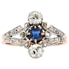 Antique French 19th Century Sapphire Diamonds 18 Karat Rose Gold Ring