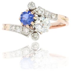 French 19th Century Sapphire Diamonds 18 Karat Rose Gold You and Me Ring