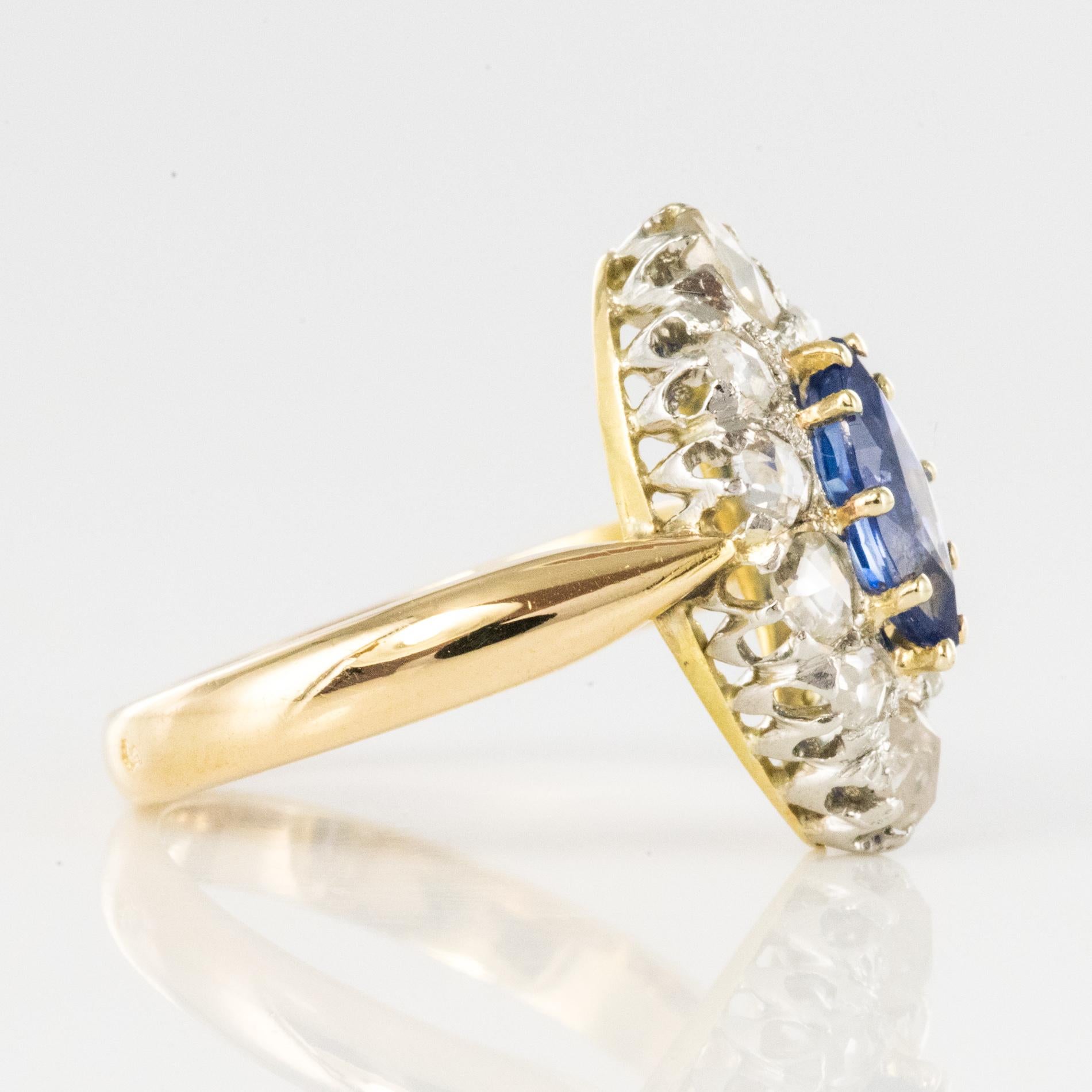 French 19th Century Sapphire Diamonds 18 Karat Yellow Gold Marquise Ring 6