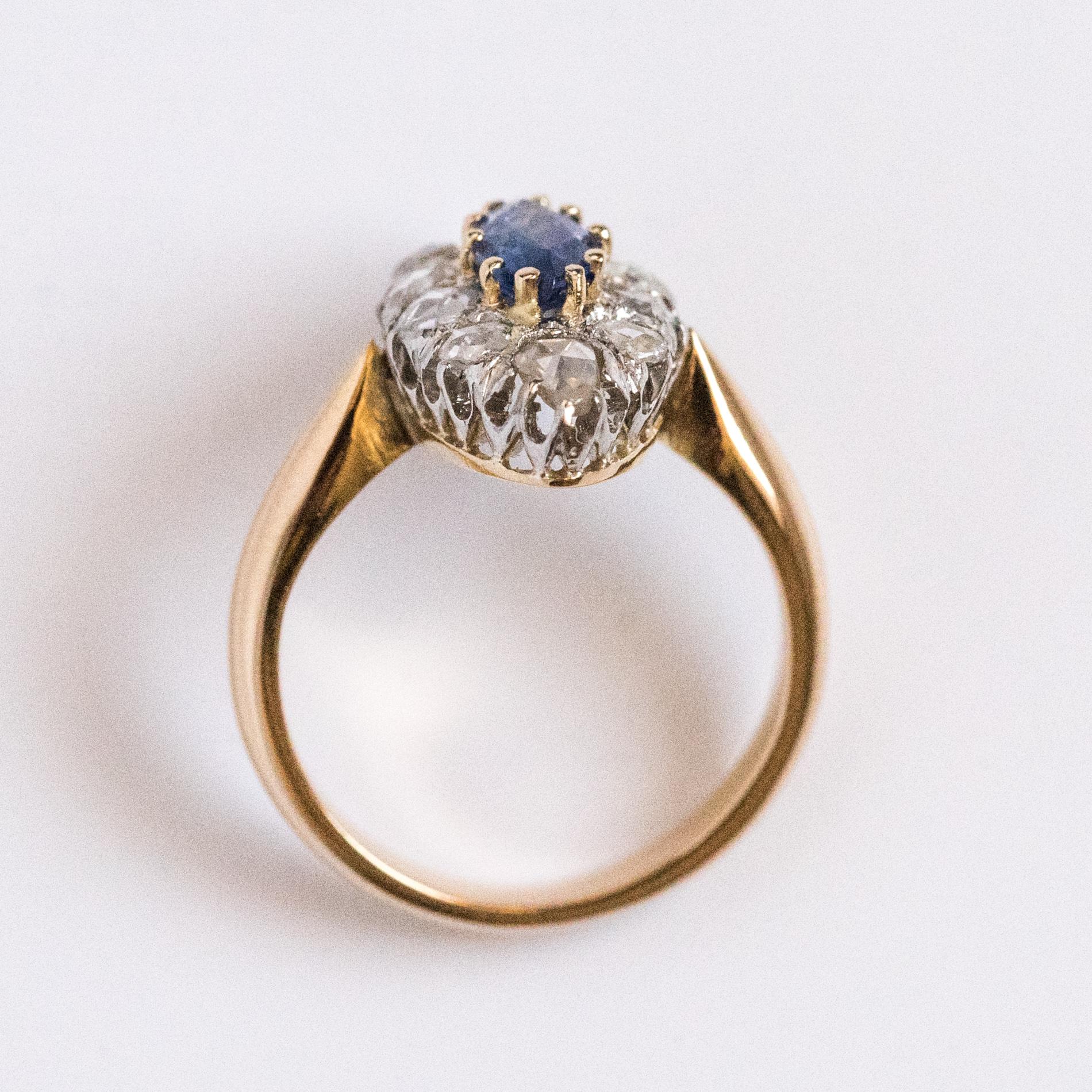 French 19th Century Sapphire Diamonds 18 Karat Yellow Gold Marquise Ring 7