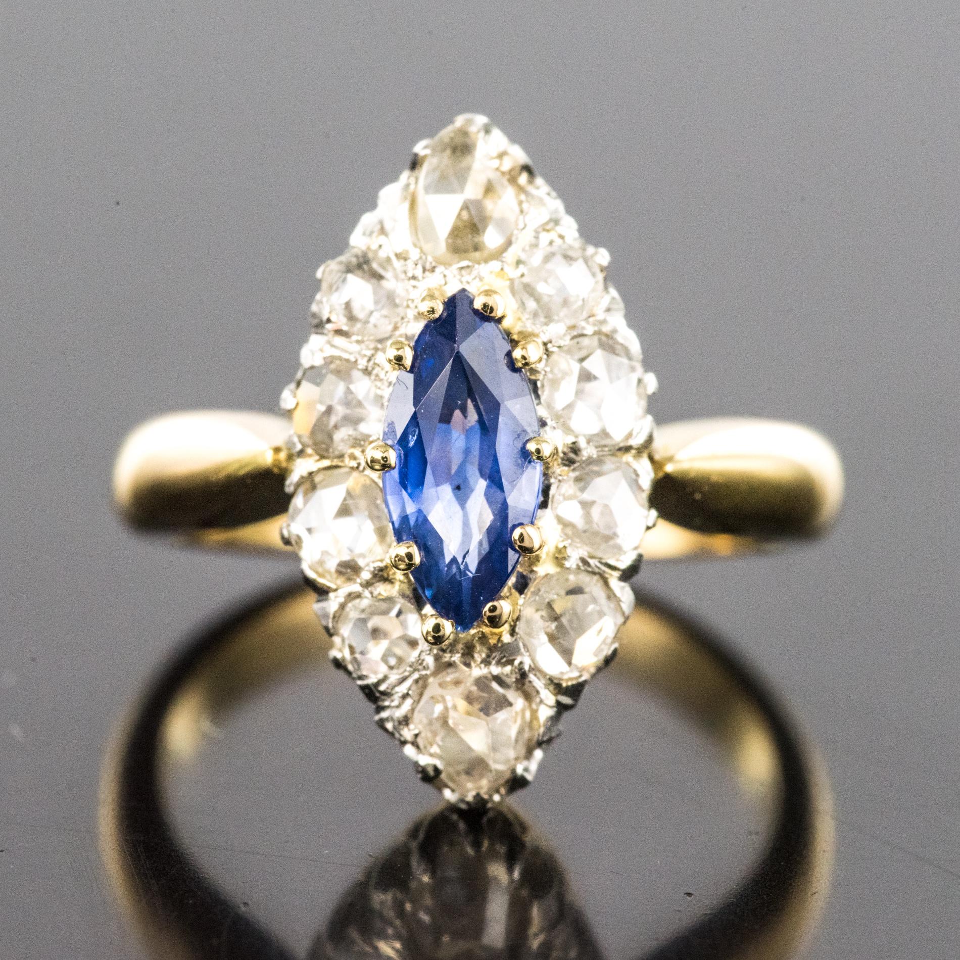 Napoleon III French 19th Century Sapphire Diamonds 18 Karat Yellow Gold Marquise Ring
