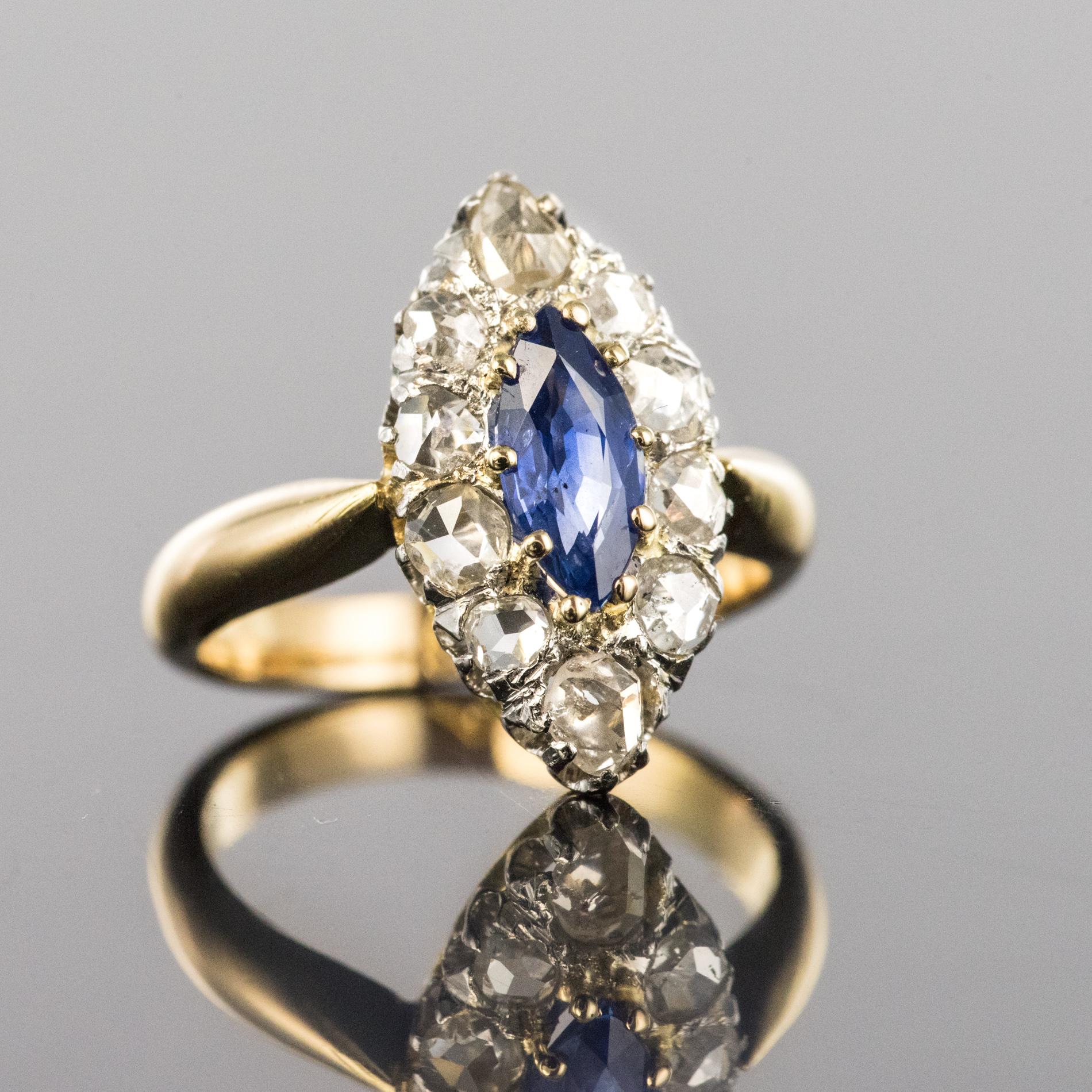 French 19th Century Sapphire Diamonds 18 Karat Yellow Gold Marquise Ring In Good Condition In Poitiers, FR