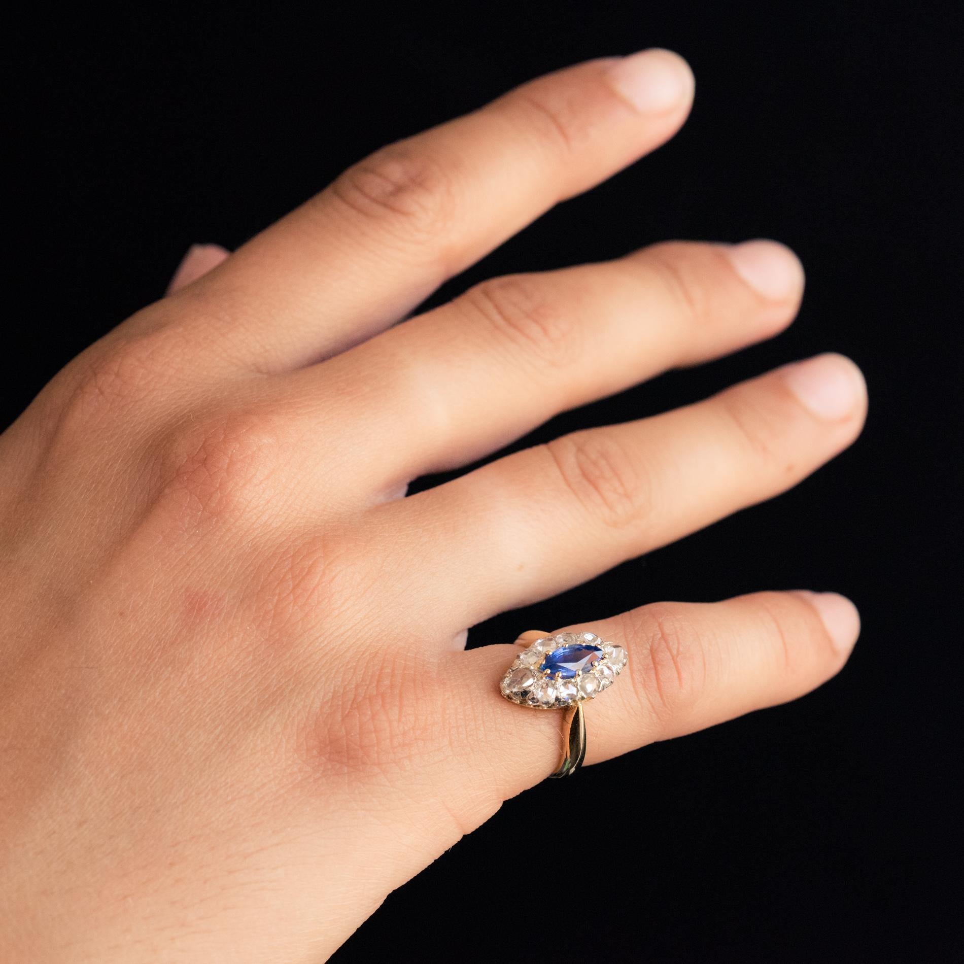 Women's French 19th Century Sapphire Diamonds 18 Karat Yellow Gold Marquise Ring