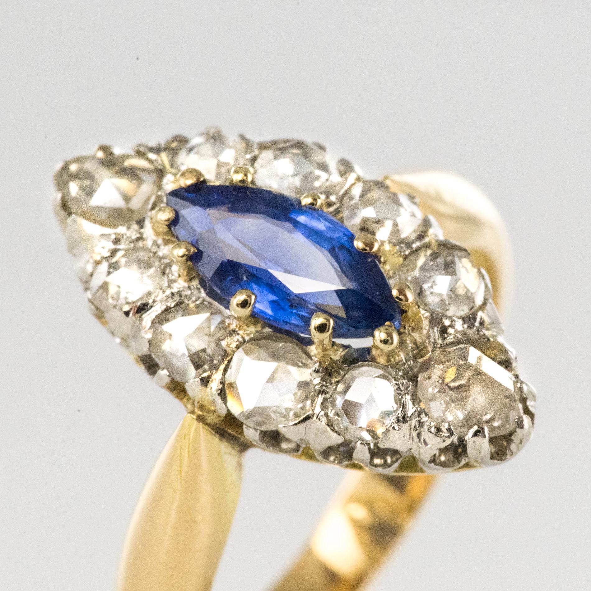 French 19th Century Sapphire Diamonds 18 Karat Yellow Gold Marquise Ring 1