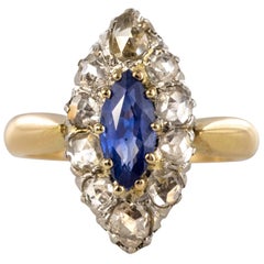 French 19th Century Sapphire Diamonds 18 Karat Yellow Gold Marquise Ring