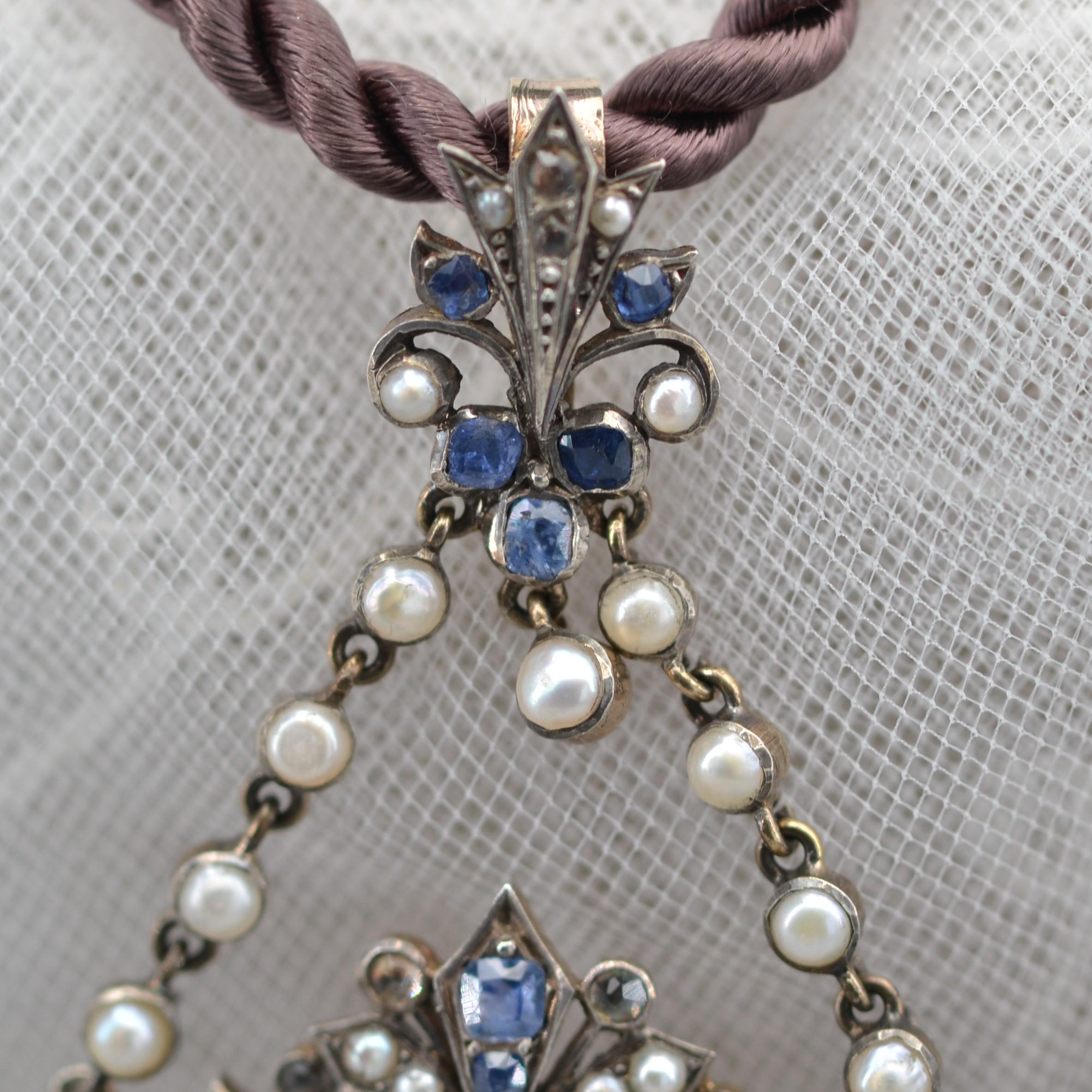 French 19th Century Sapphire Fine Pearl Enamel Silver Pendant Brooch For Sale 6