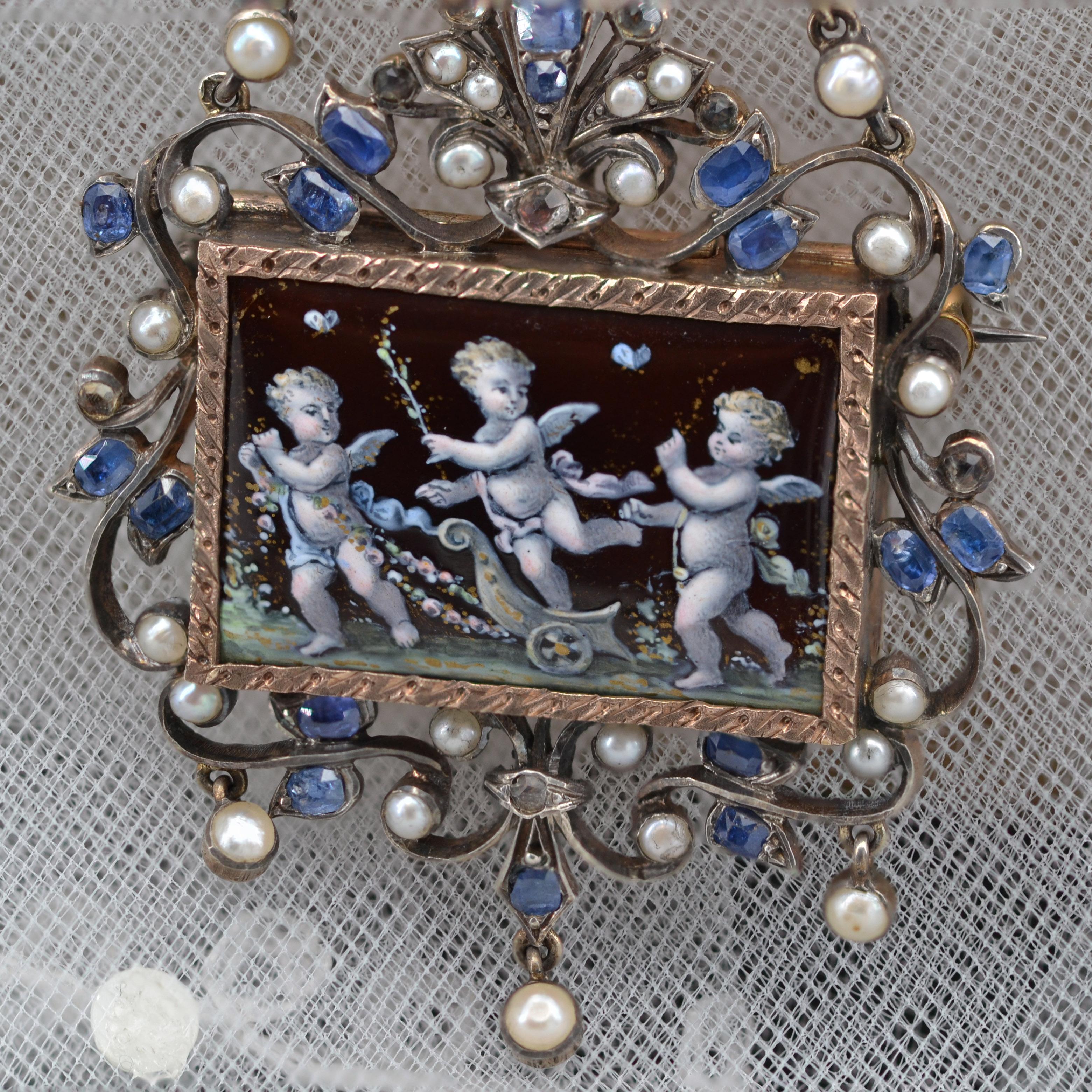 French 19th Century Sapphire Fine Pearl Enamel Silver Pendant Brooch For Sale 7