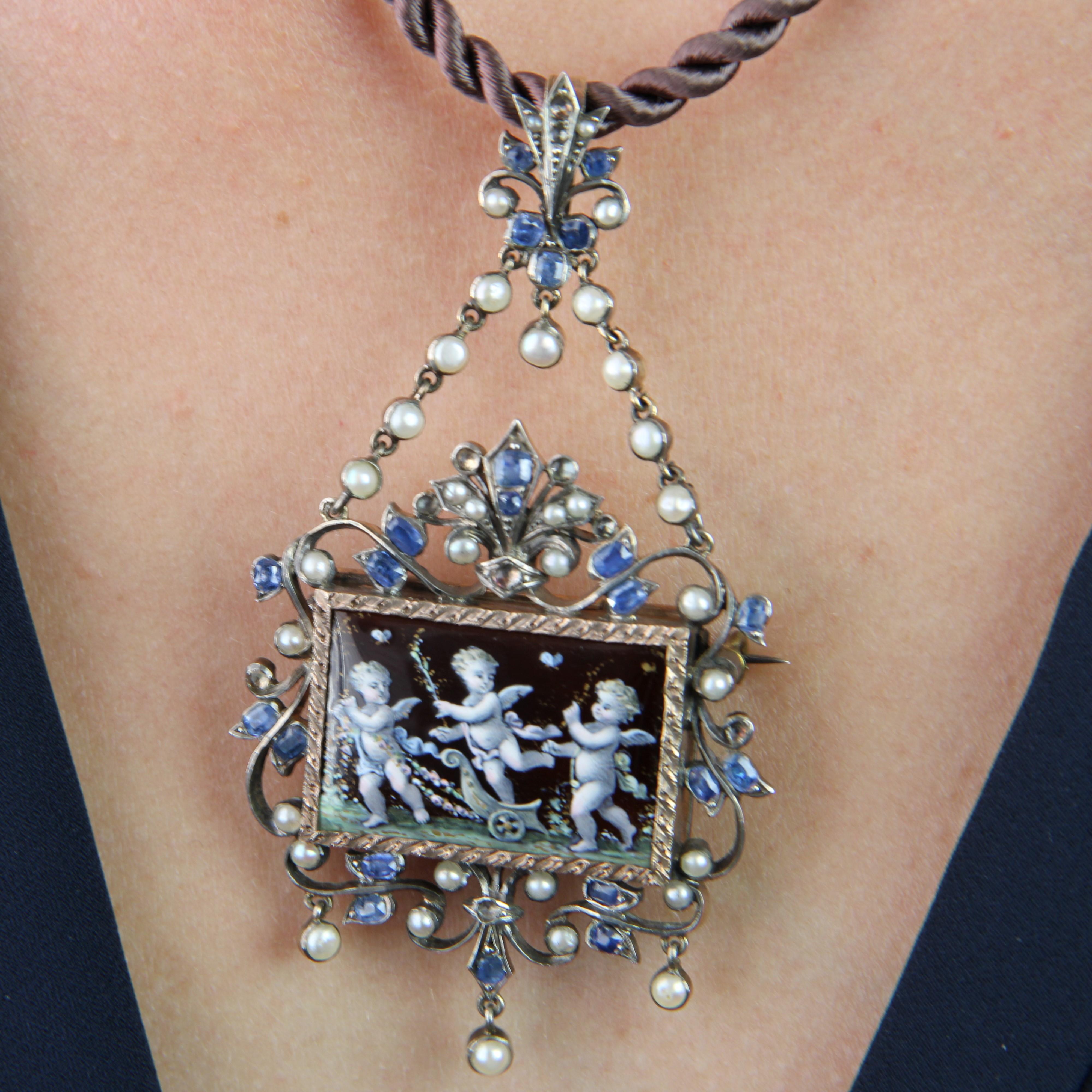 French 19th Century Sapphire Fine Pearl Enamel Silver Pendant Brooch For Sale 8