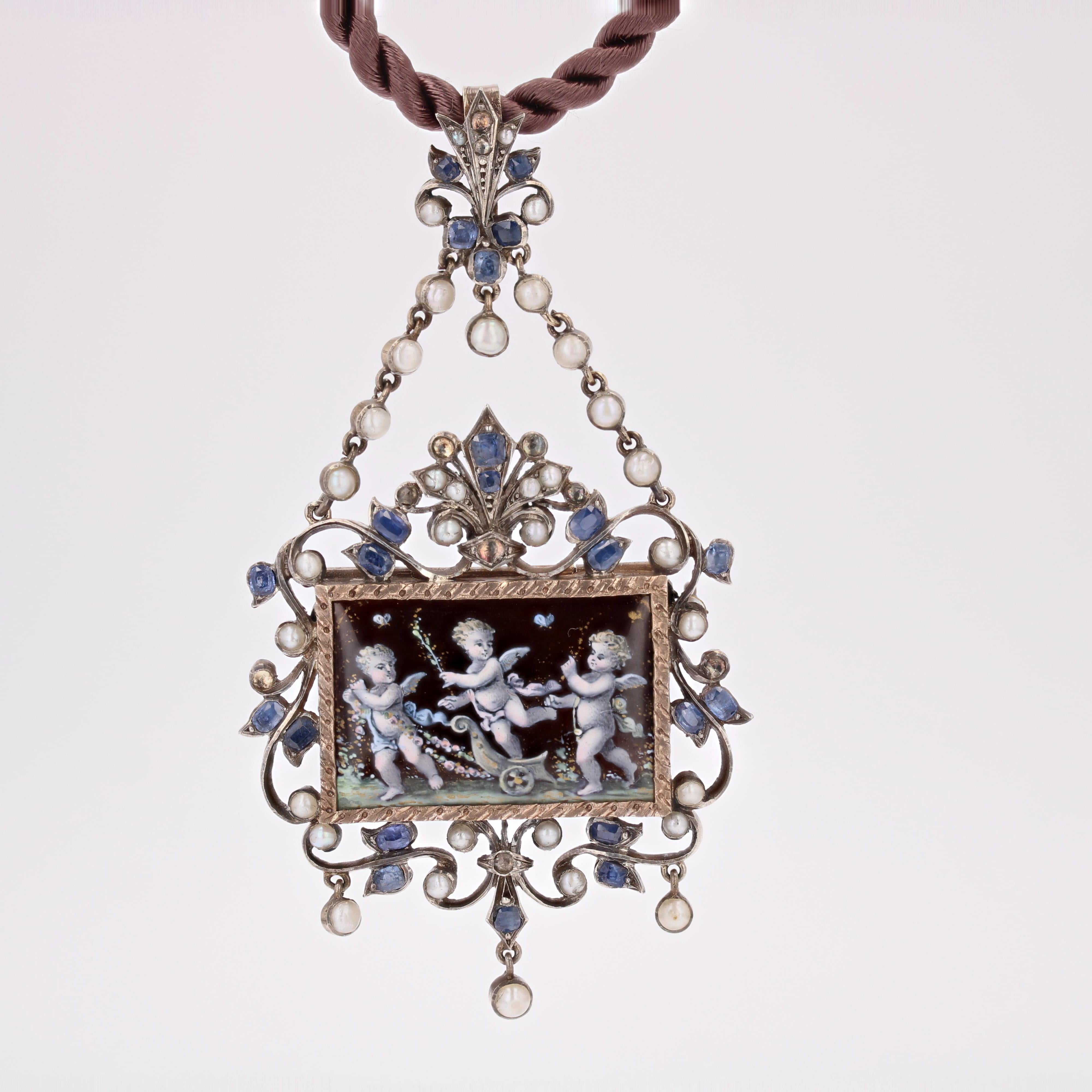 French 19th Century Sapphire Fine Pearl Enamel Silver Pendant Brooch For Sale 11