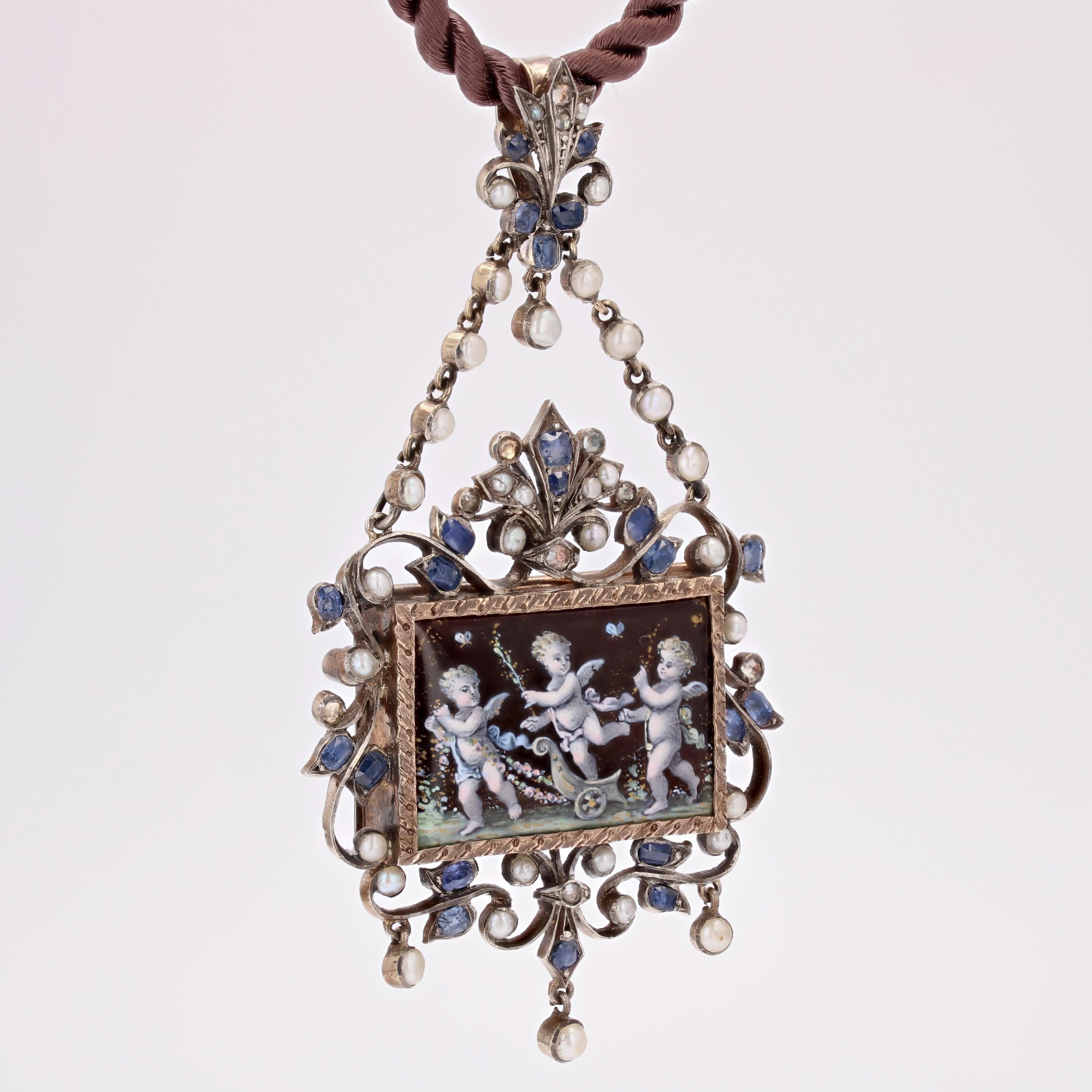 Women's French 19th Century Sapphire Fine Pearl Enamel Silver Pendant Brooch For Sale