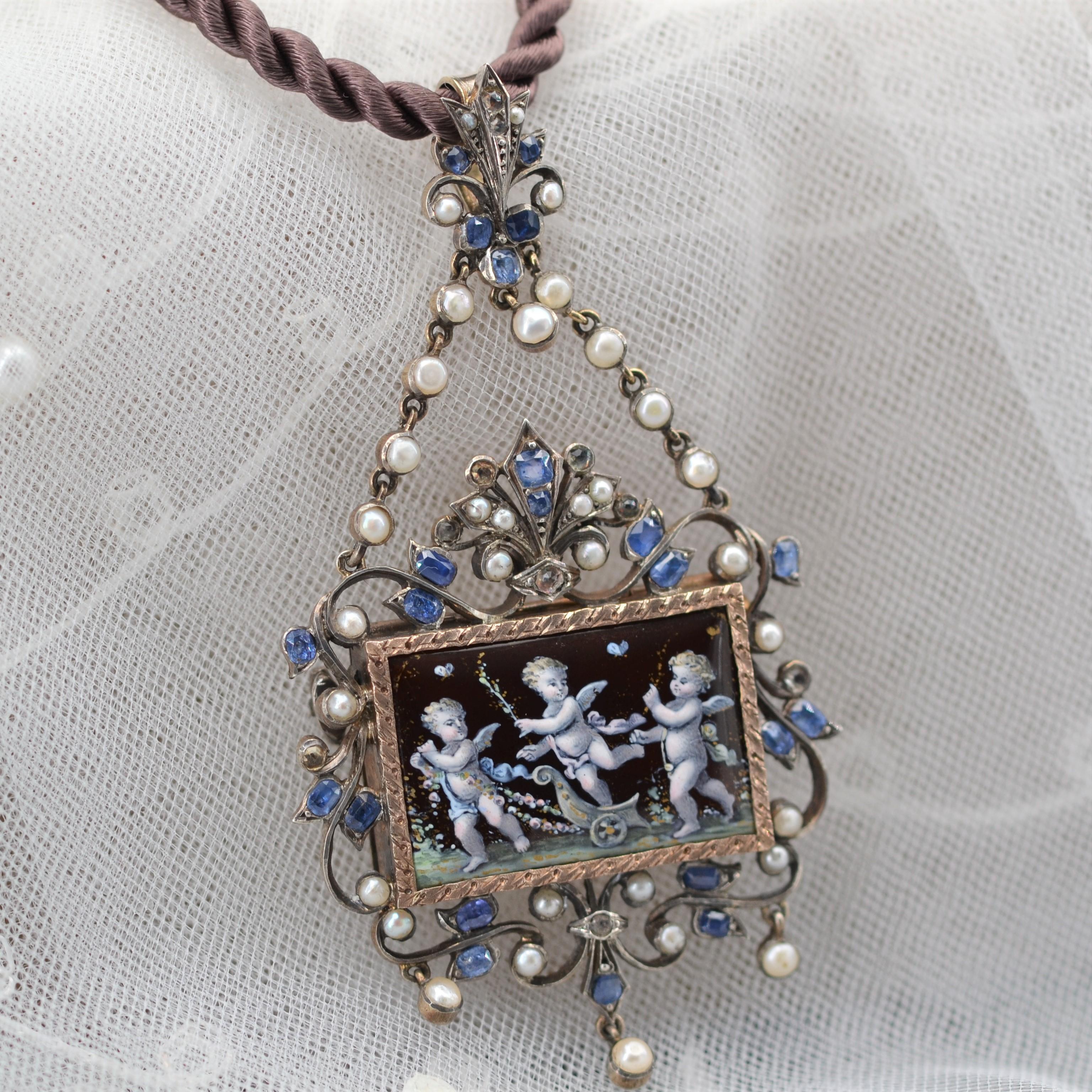 French 19th Century Sapphire Fine Pearl Enamel Silver Pendant Brooch For Sale 1