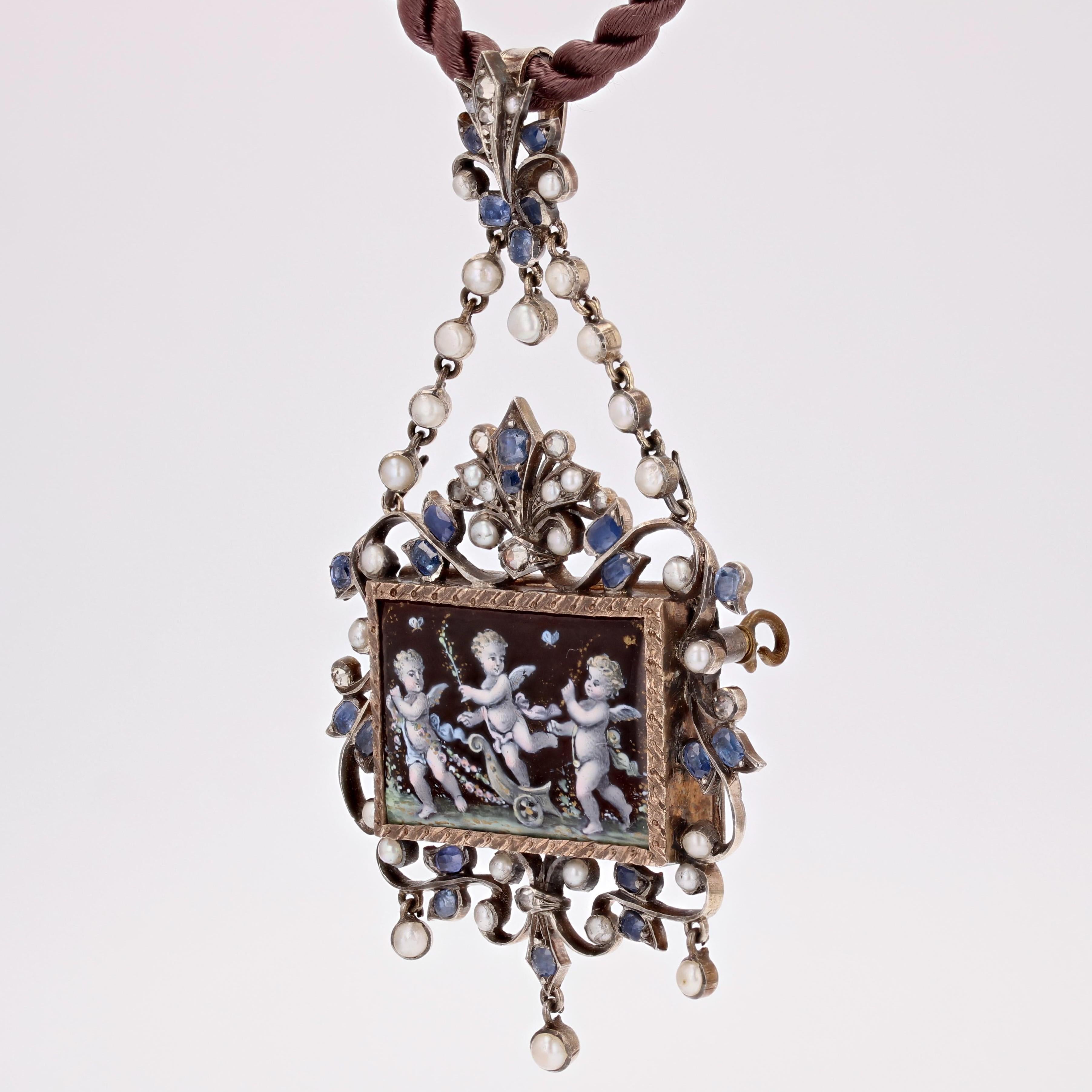 French 19th Century Sapphire Fine Pearl Enamel Silver Pendant Brooch For Sale 2