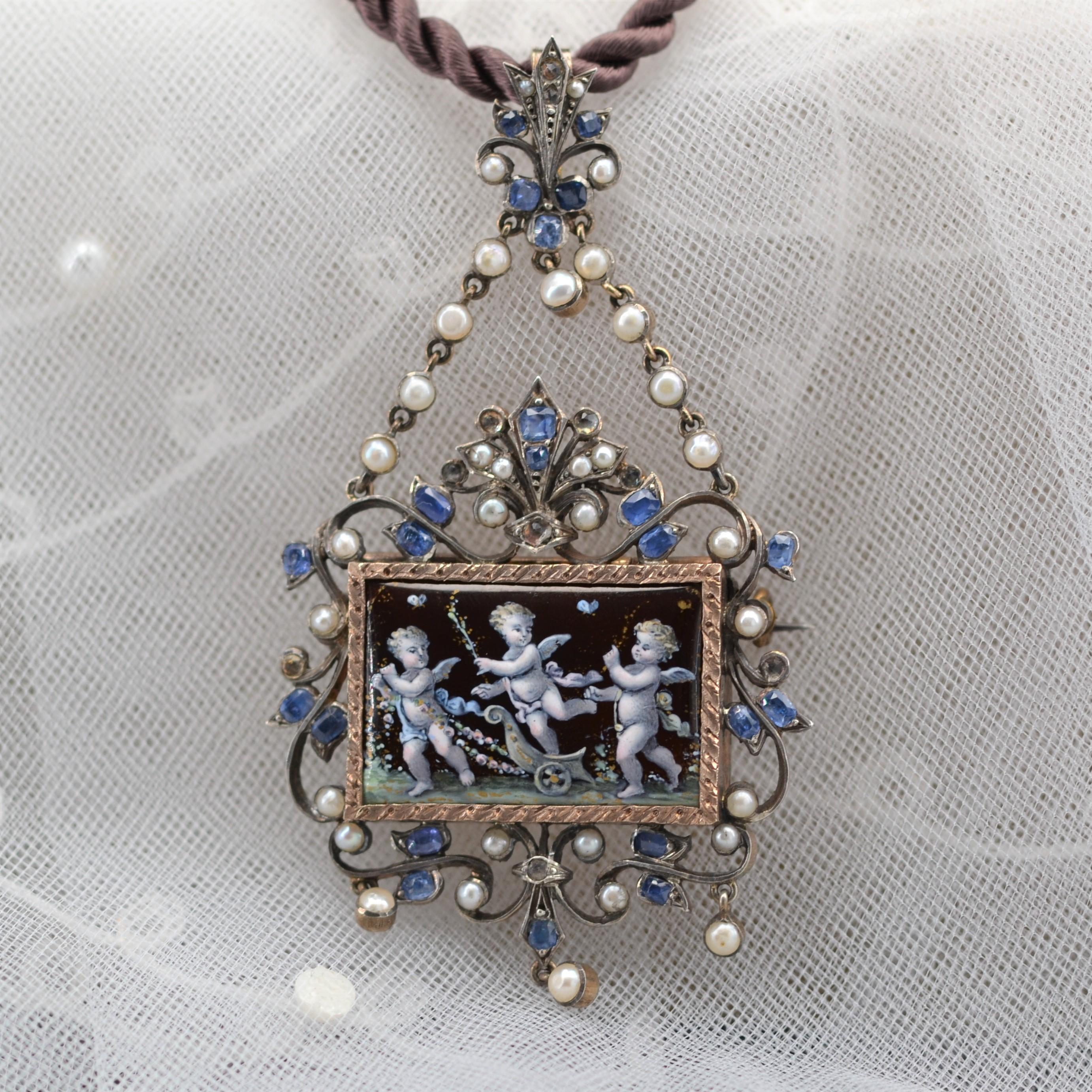French 19th Century Sapphire Fine Pearl Enamel Silver Pendant Brooch For Sale 3