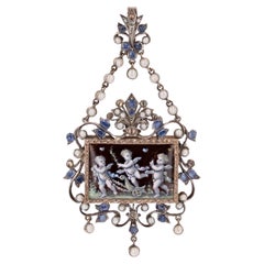 French 19th Century Sapphire Fine Pearl Enamel Silver Pendant Brooch