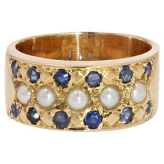 French 19th Century Sapphire Natural Pearl 18 Karat Yellow Gold Ring