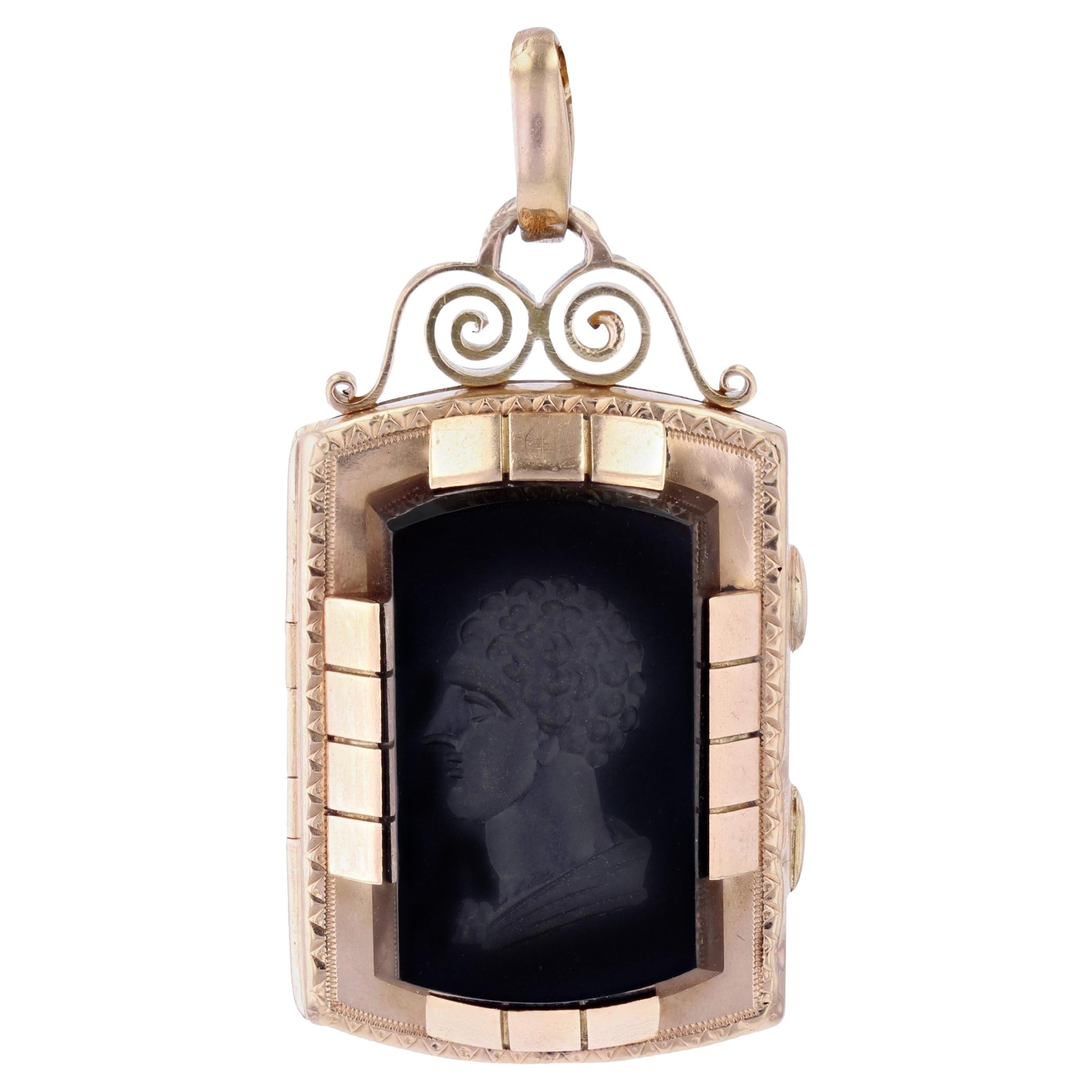French 19th Century Sardony Intaglio 18 karat Rose Gold Locket Pendant For Sale