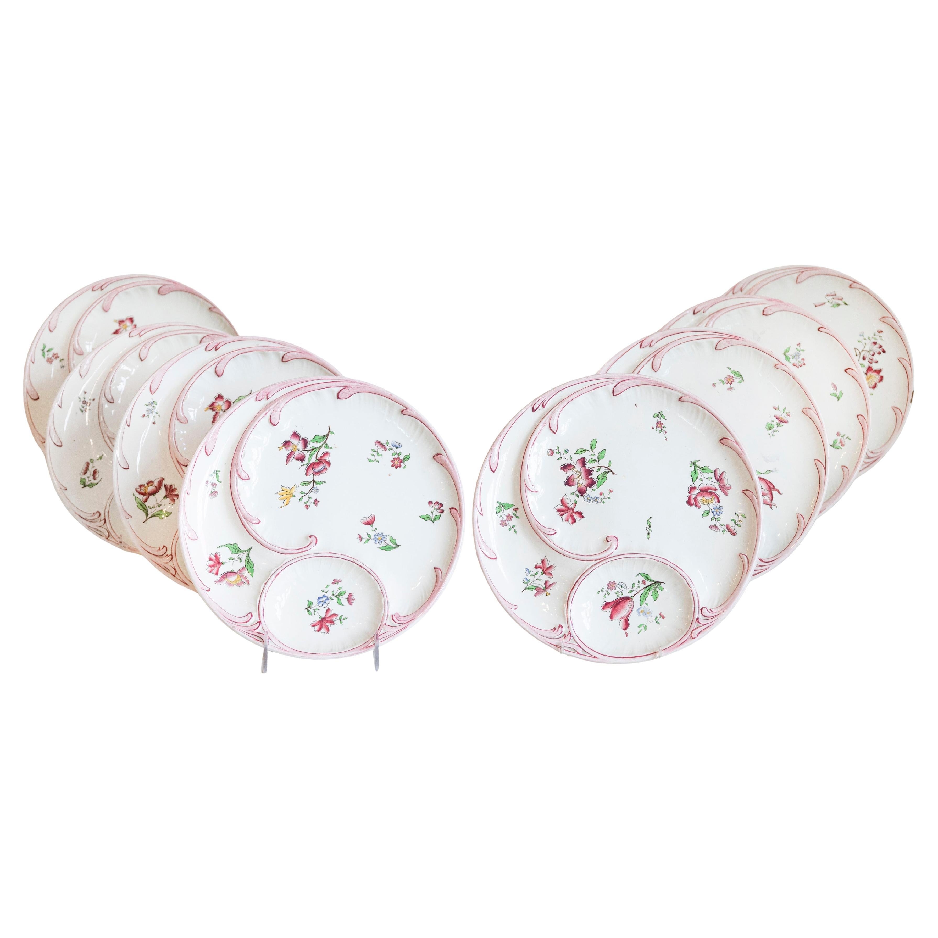 French 19th Century Sarreguemines Majolica Asparagus Plates with Pink Flowers For Sale