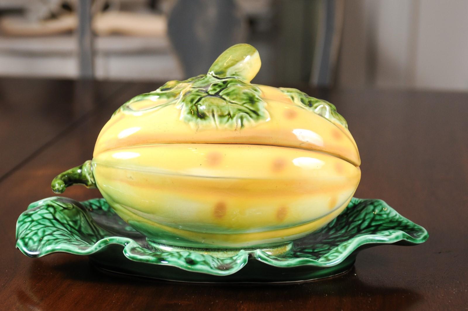 French 19th Century Sarreguemines Majolica Lidded Squash with Green Leaf Dish 8