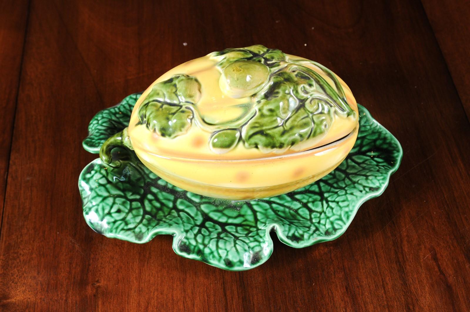 French 19th Century Sarreguemines Majolica Lidded Squash with Green Leaf Dish 1
