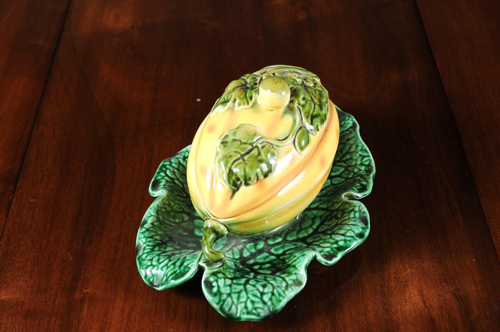 French 19th Century Sarreguemines Majolica Lidded Squash with Green Leaf Dish 2