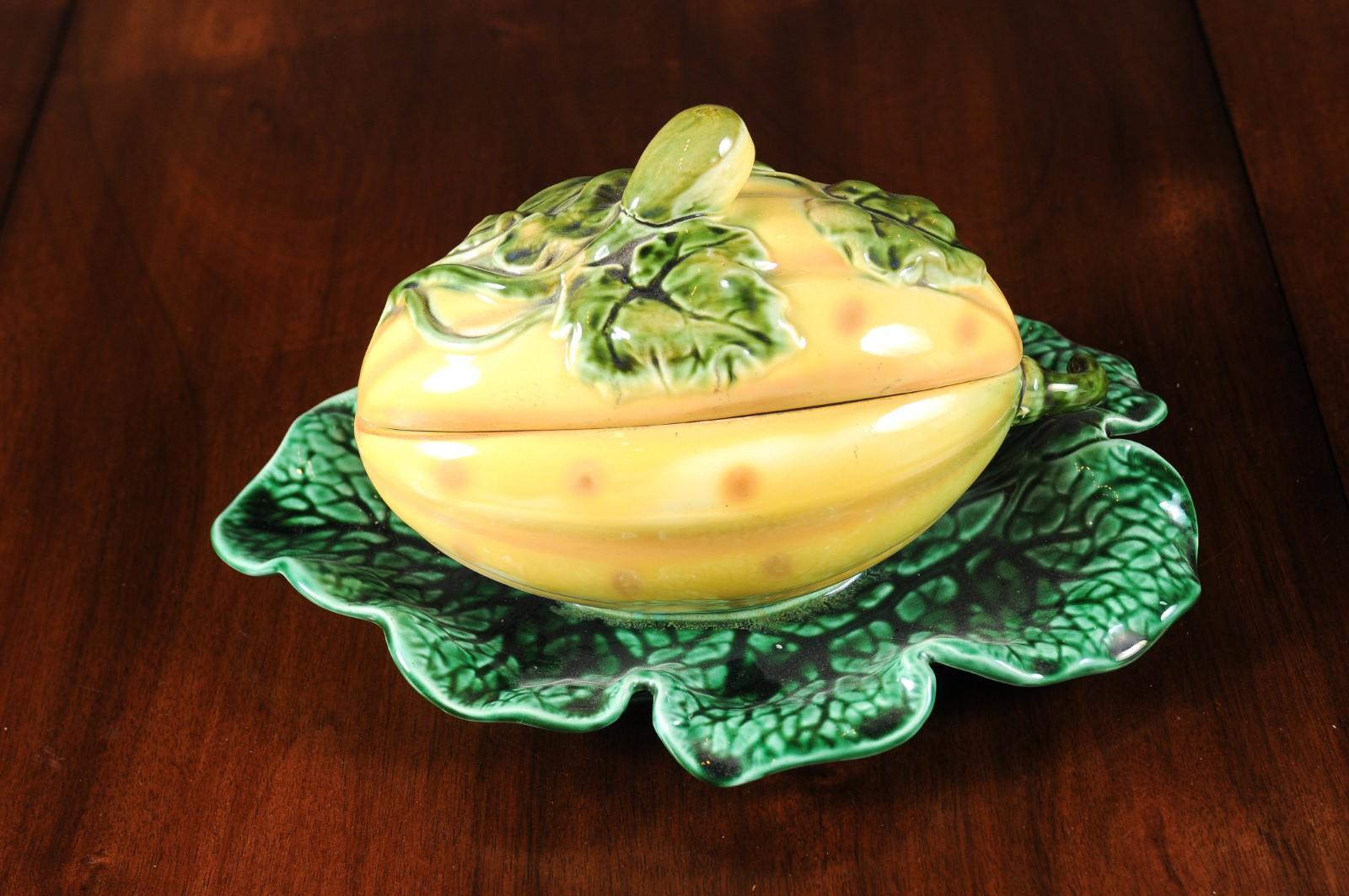 French 19th Century Sarreguemines Majolica Lidded Squash with Green Leaf Dish 3