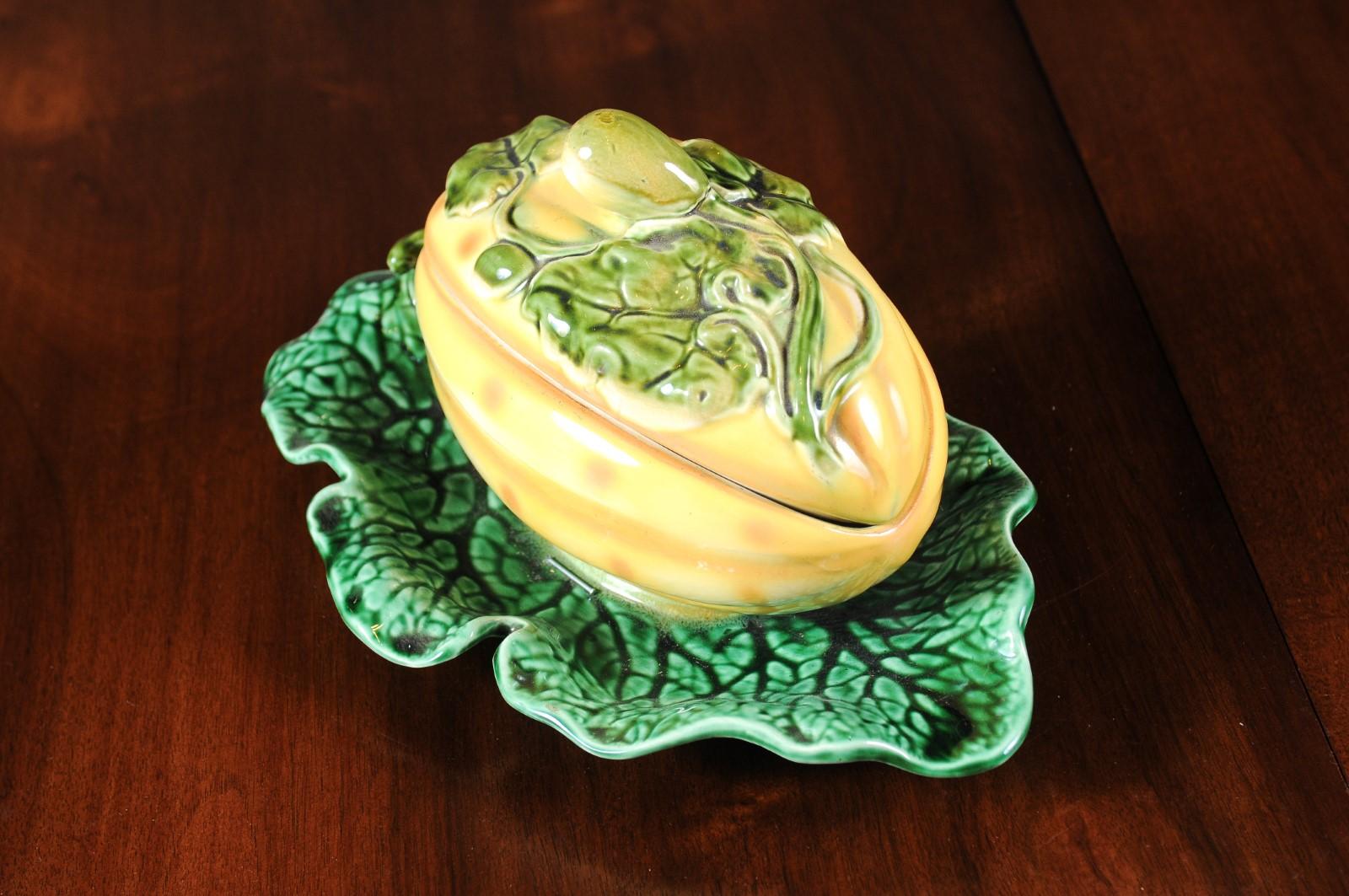 French 19th Century Sarreguemines Majolica Lidded Squash with Green Leaf Dish 4