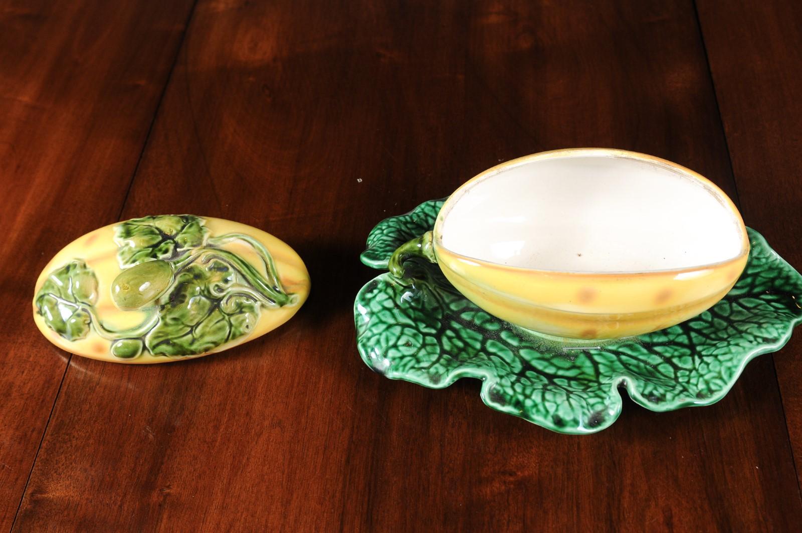 French 19th Century Sarreguemines Majolica Lidded Squash with Green Leaf Dish 5