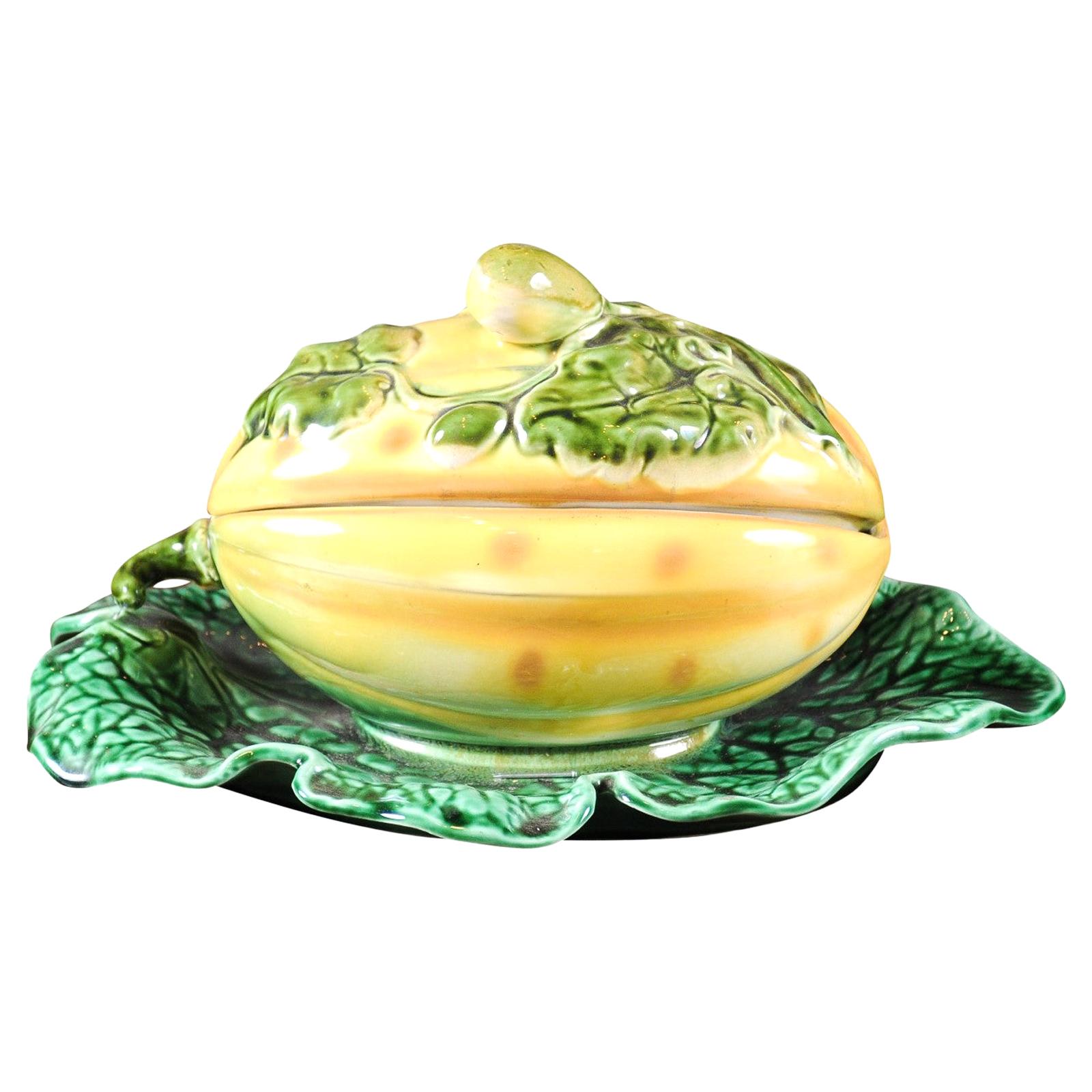 French 19th Century Sarreguemines Majolica Lidded Squash with Green Leaf Dish