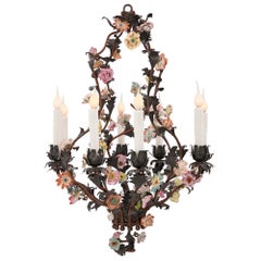French 19th Century Saxe Porcelain, Tole and Patinated Bronze Chandelier