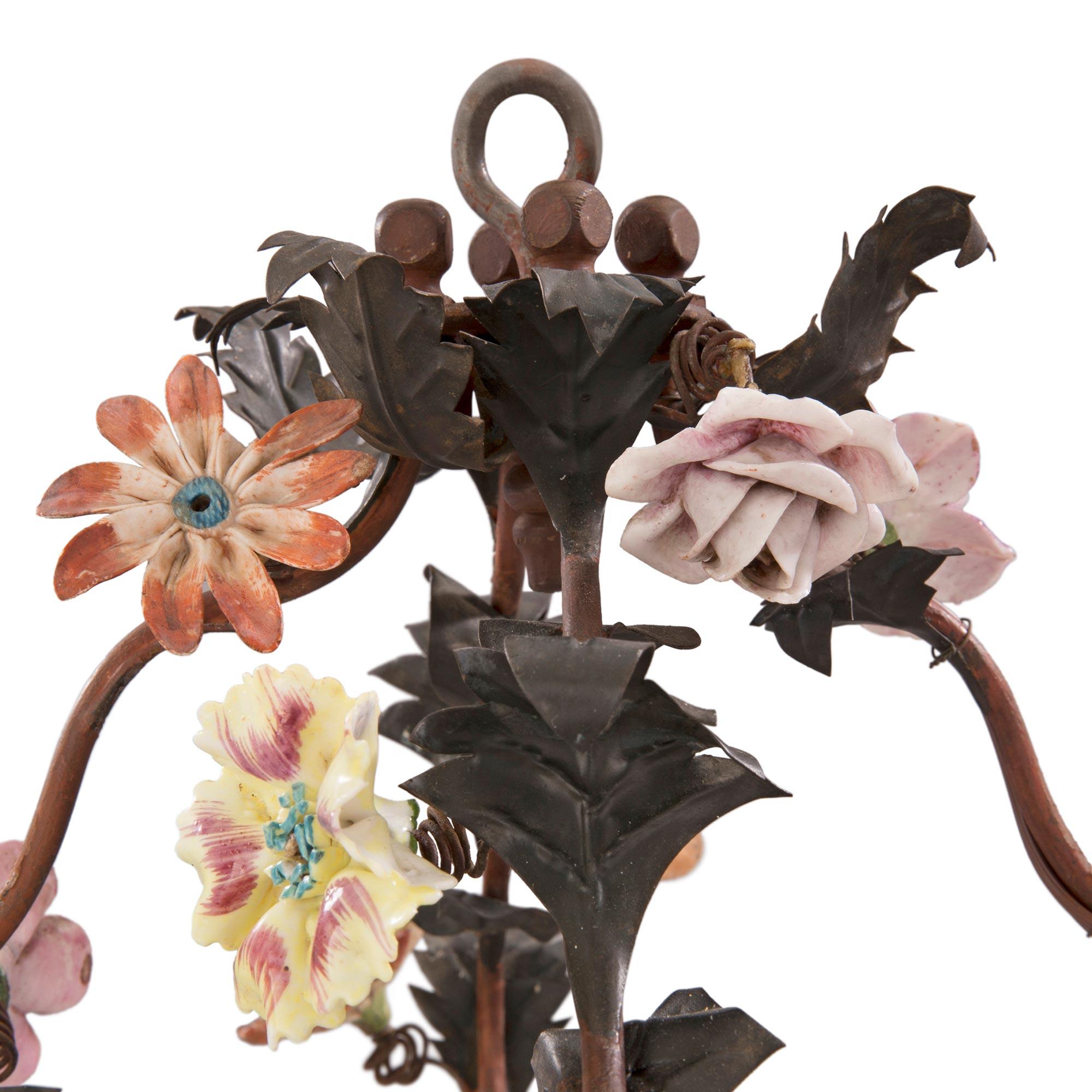 French 19th Century Saxe Porcelain, Tole and Patinated Bronze Chandelier In Good Condition For Sale In West Palm Beach, FL