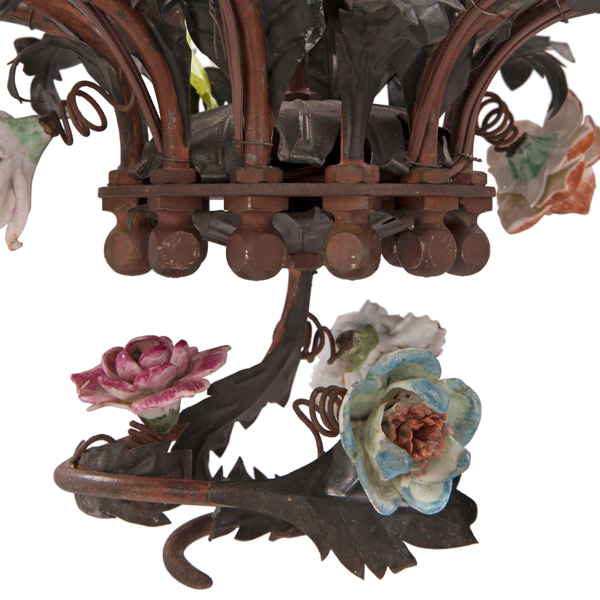 French 19th Century Saxe Porcelain, Tole and Patinated Bronze Chandelier For Sale 3