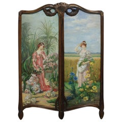 French 19th Century Screen with Oil Paintings Panels