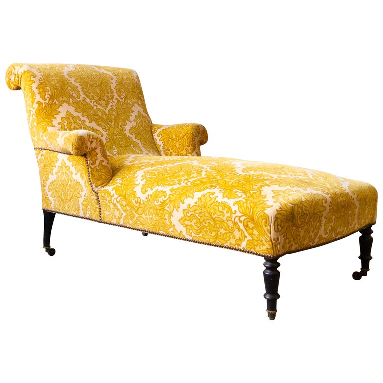 French 19th Century Scrolled Back Chaise Longue in Patterned Gold