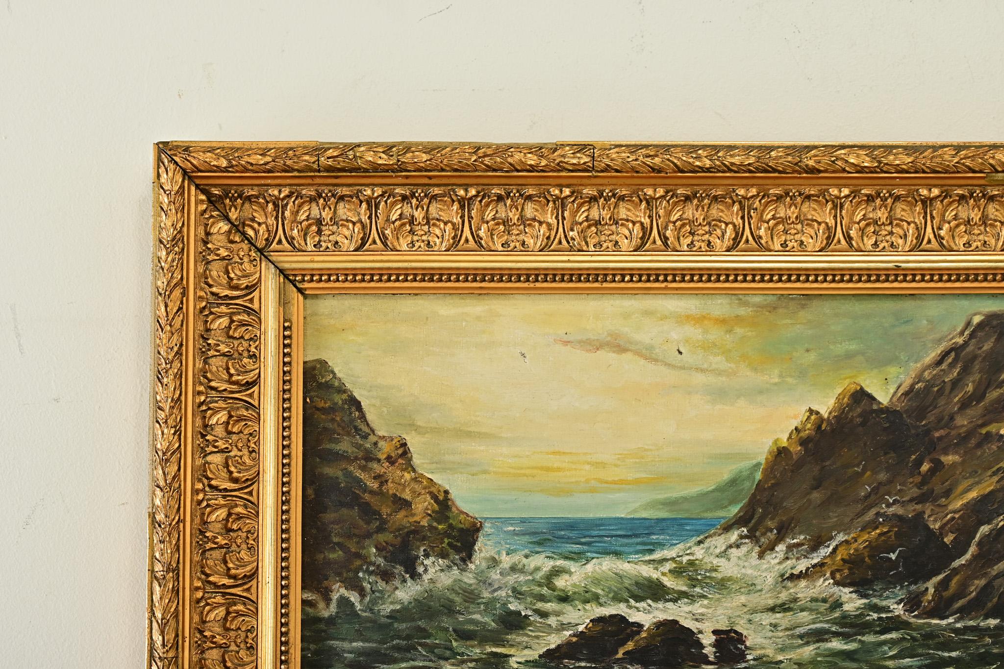 Canvas French 19th Century Seascape Painting in Gilt Frame