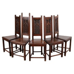 Antique French 19th Century Set of 5 Gothic Style Chairs