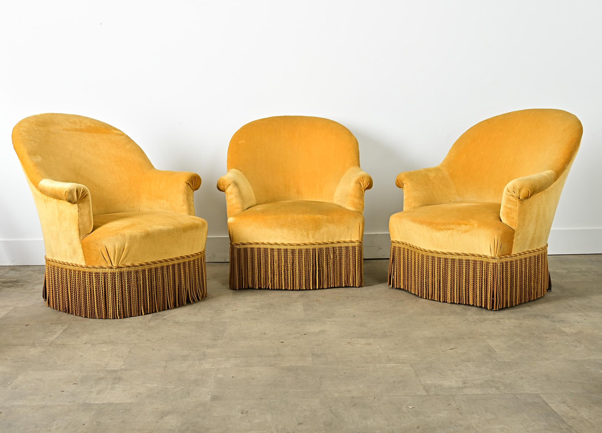 Velvet French 19th Century Set of Three Parlor Chairs For Sale