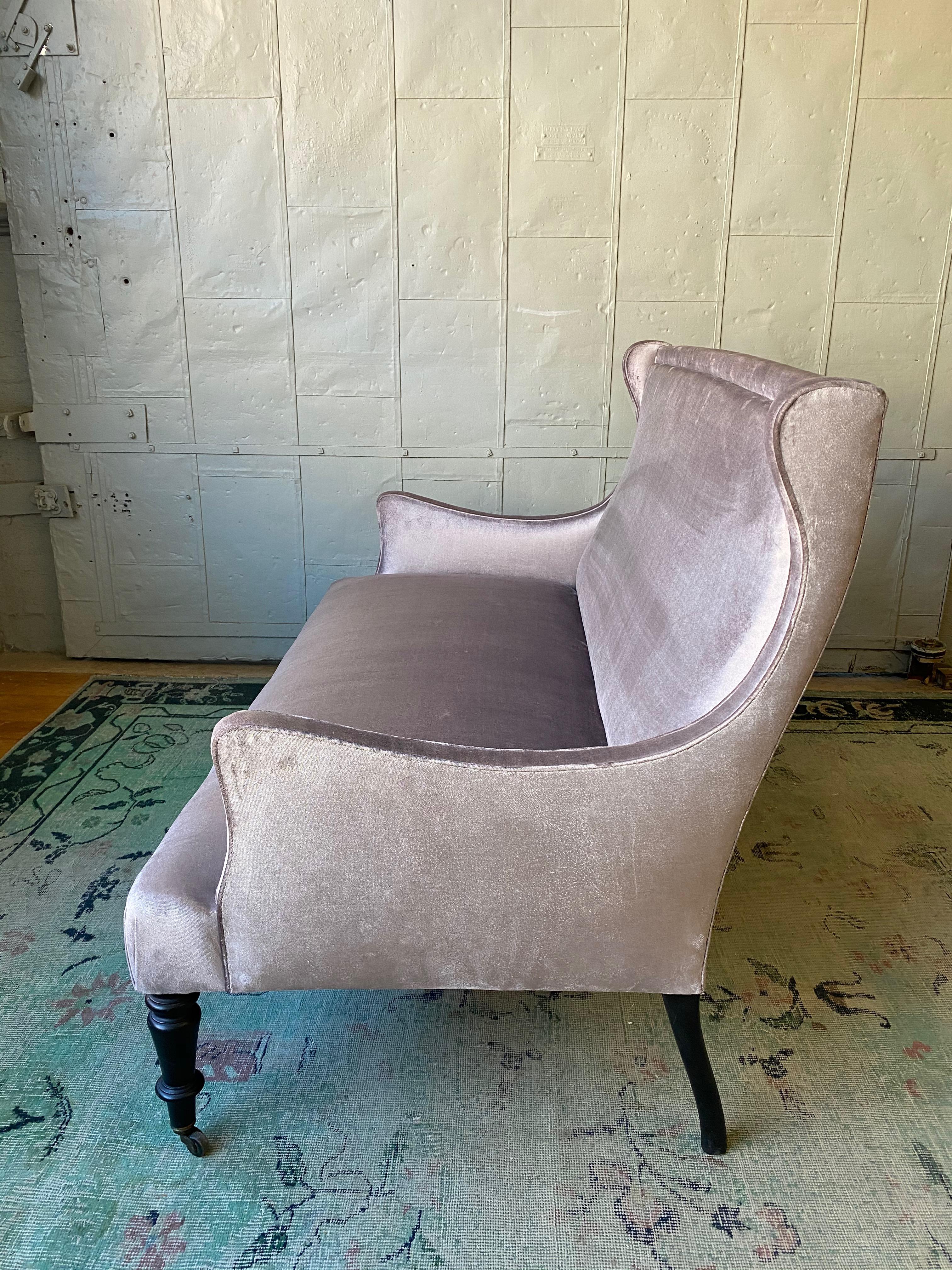 French 19th Century  Settee in Silvery Grey Velvet 1