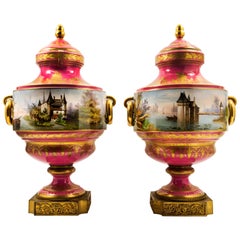 French 19th Century Sevres Style Bronze-Mounted Pink Color Porcelain Vases, Pair