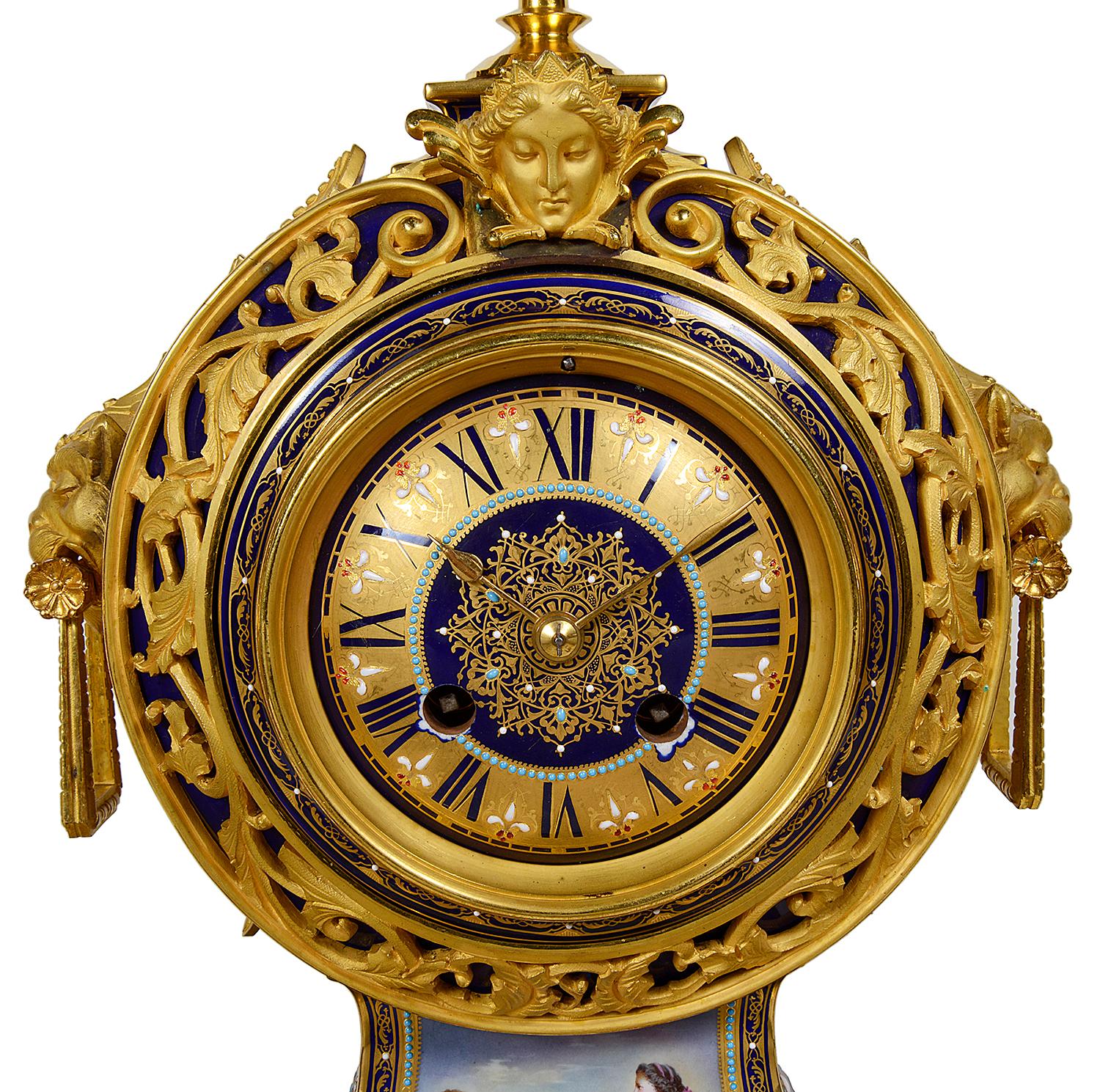 Gilt French 19th Century Sevres Style Clock Garniture