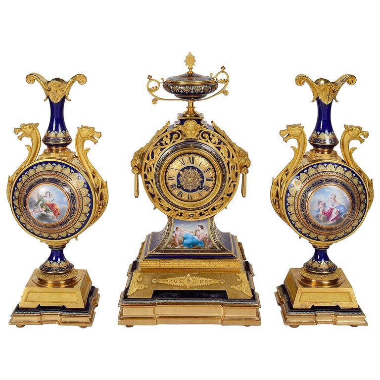 French 19th Century Sevres Style Clock Garniture For Sale at 1stDibs