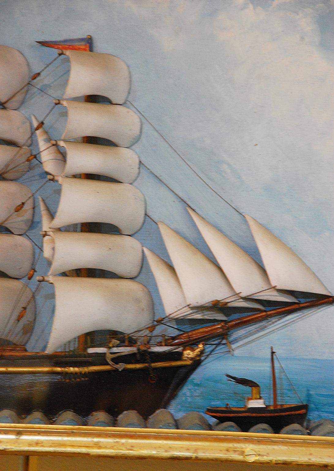 French 19th century large ship diorama. This diorama shows the three masted sailing ship 