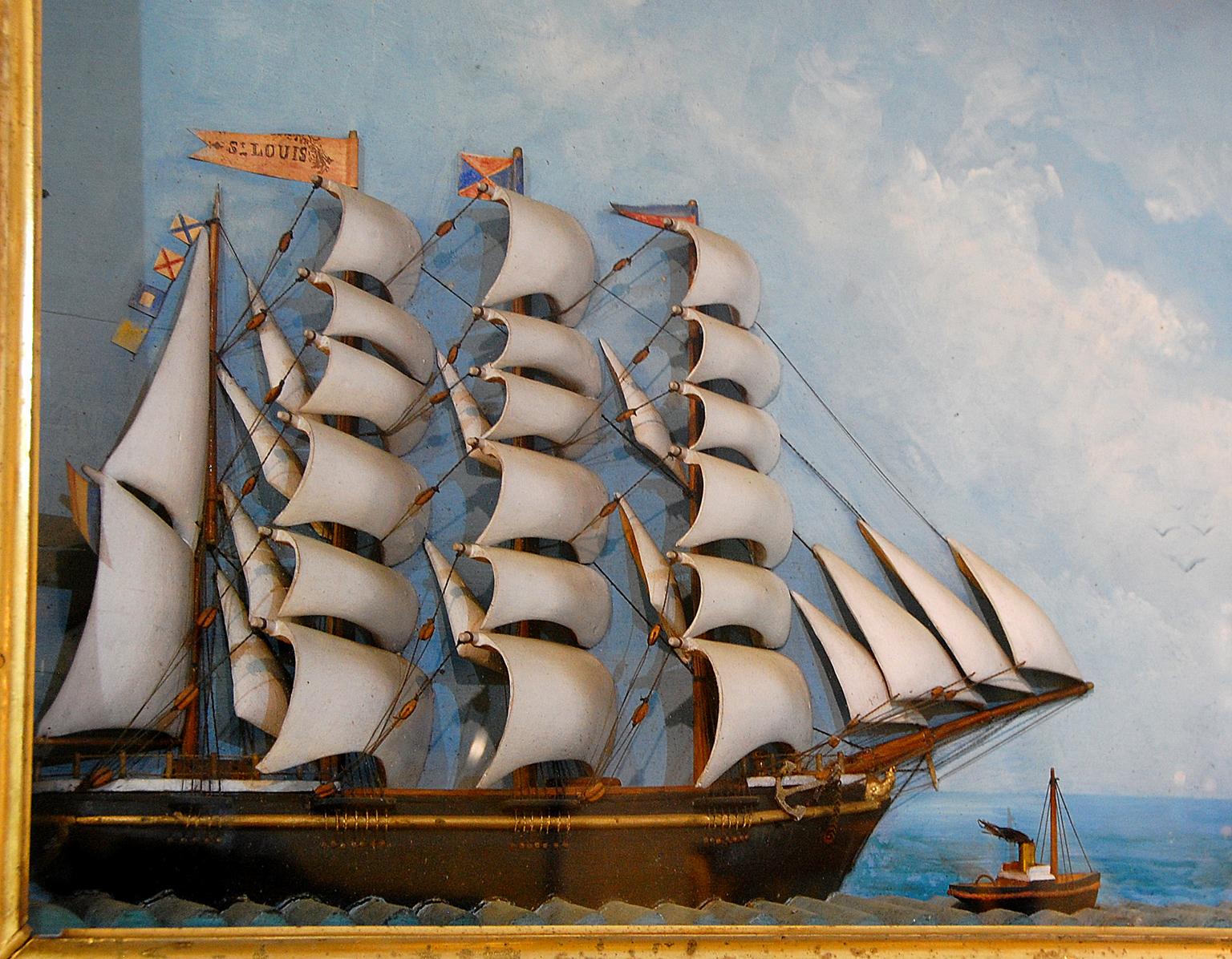 Wood French 19th Century Ship Diorama of the St. Louis in a Busy Shipping Channel