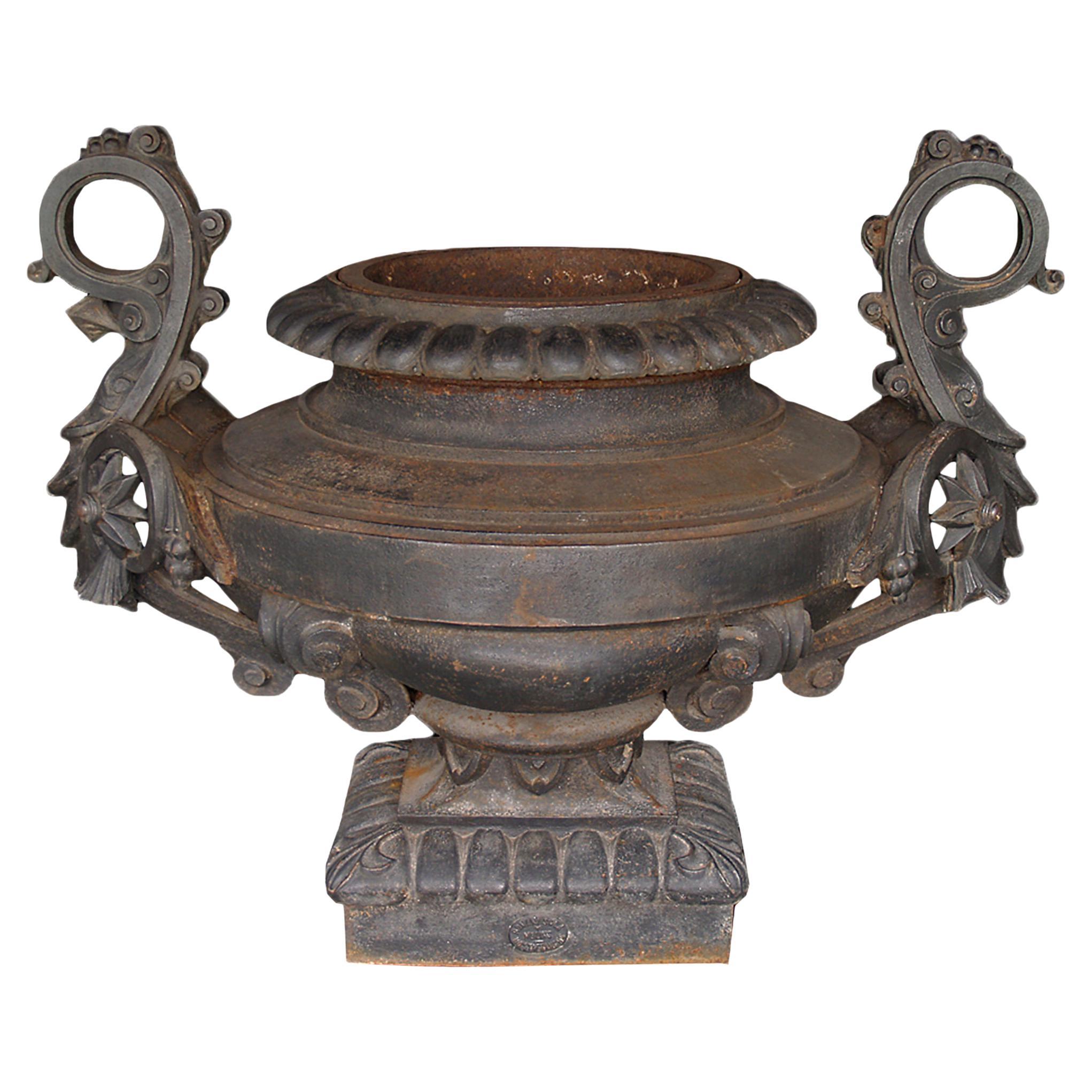 French 19th Century Signed Patinated Wrought Iron Urn For Sale